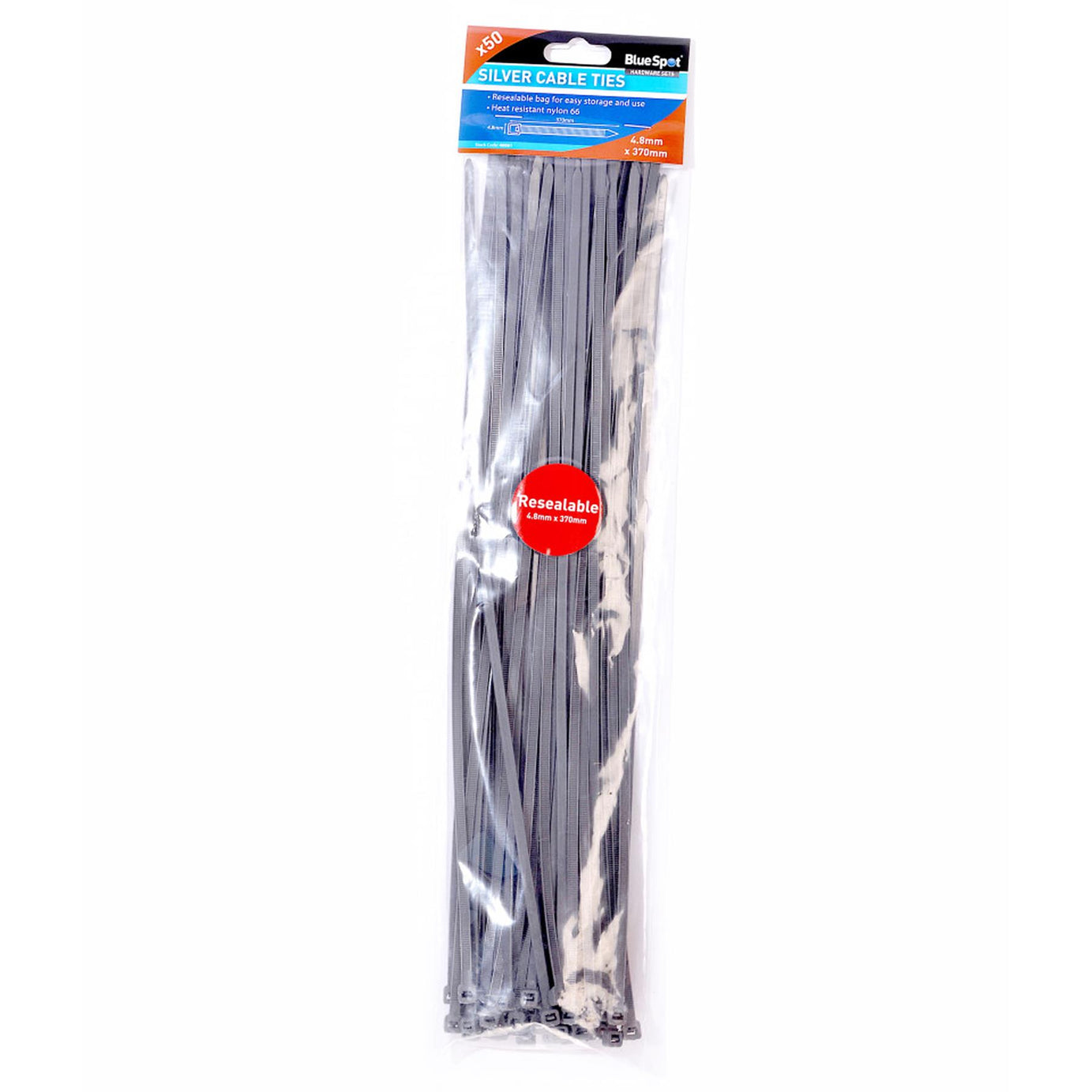 Cable Ties 50pc 4.8mm X 370mm Strong Silver Ideal for Wheel Trims BlueSpot