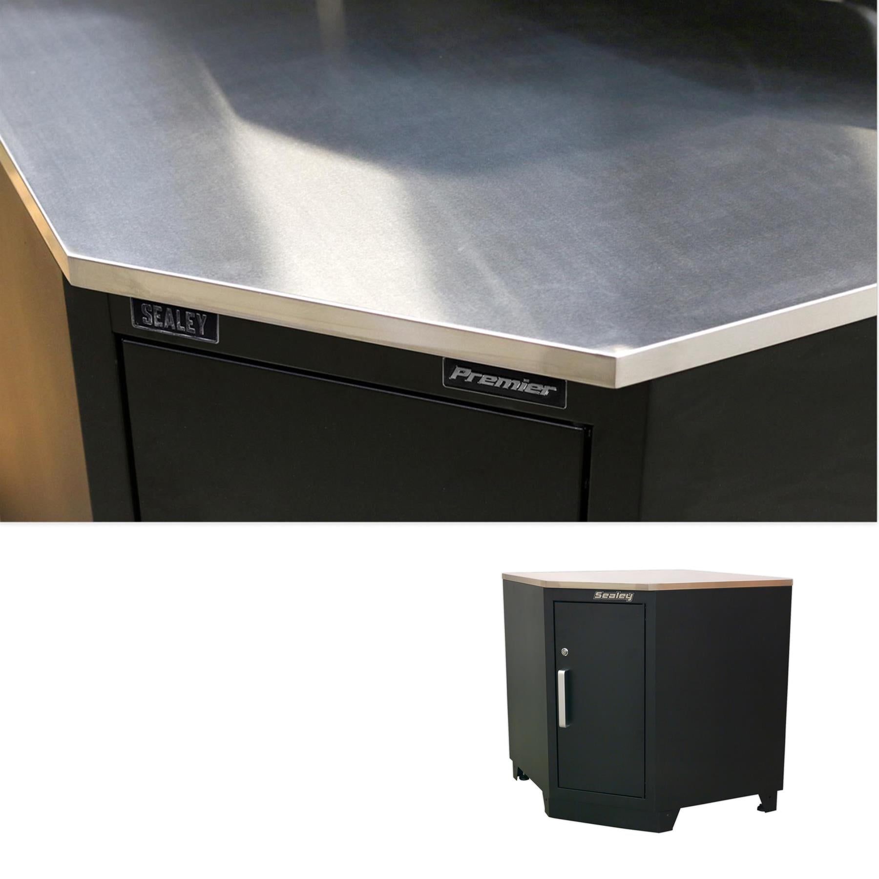 Sealey Stainless Steel Corner Worktop Floor Cabinet. 930mm