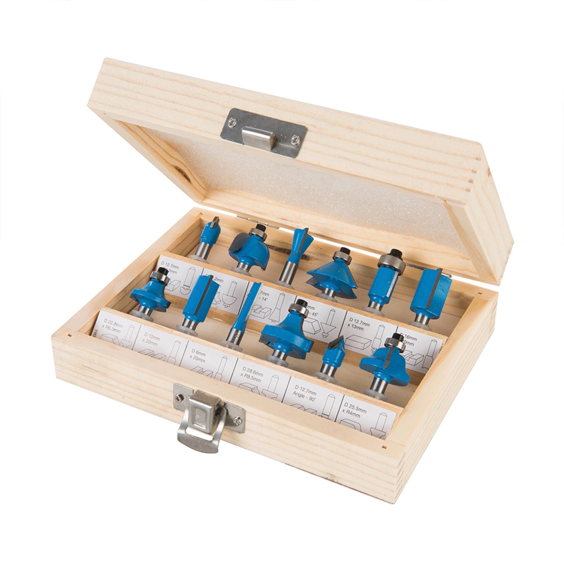 1/4" Shank TCT Router Cutter Bit Set with Wooden Case Silverline 12 Pce Piece