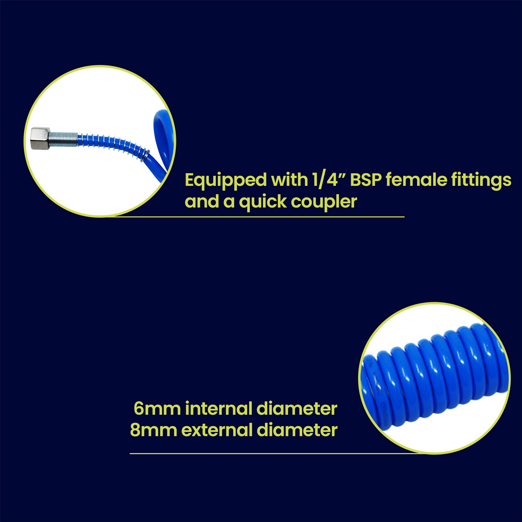 Coiled Air Hose 10M Air Tools Hose With 1/4" BSP Female Nut End Fittings 10 Bar
