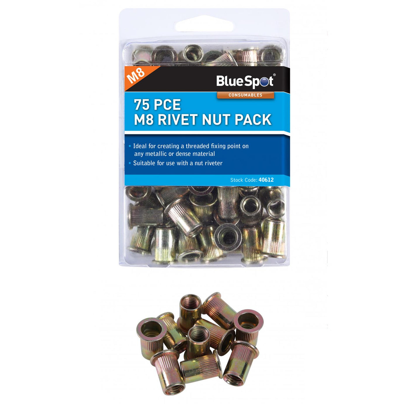 Bluespot 75pcs Rivet Nut M8 Carbon Steel Threaded High Quality