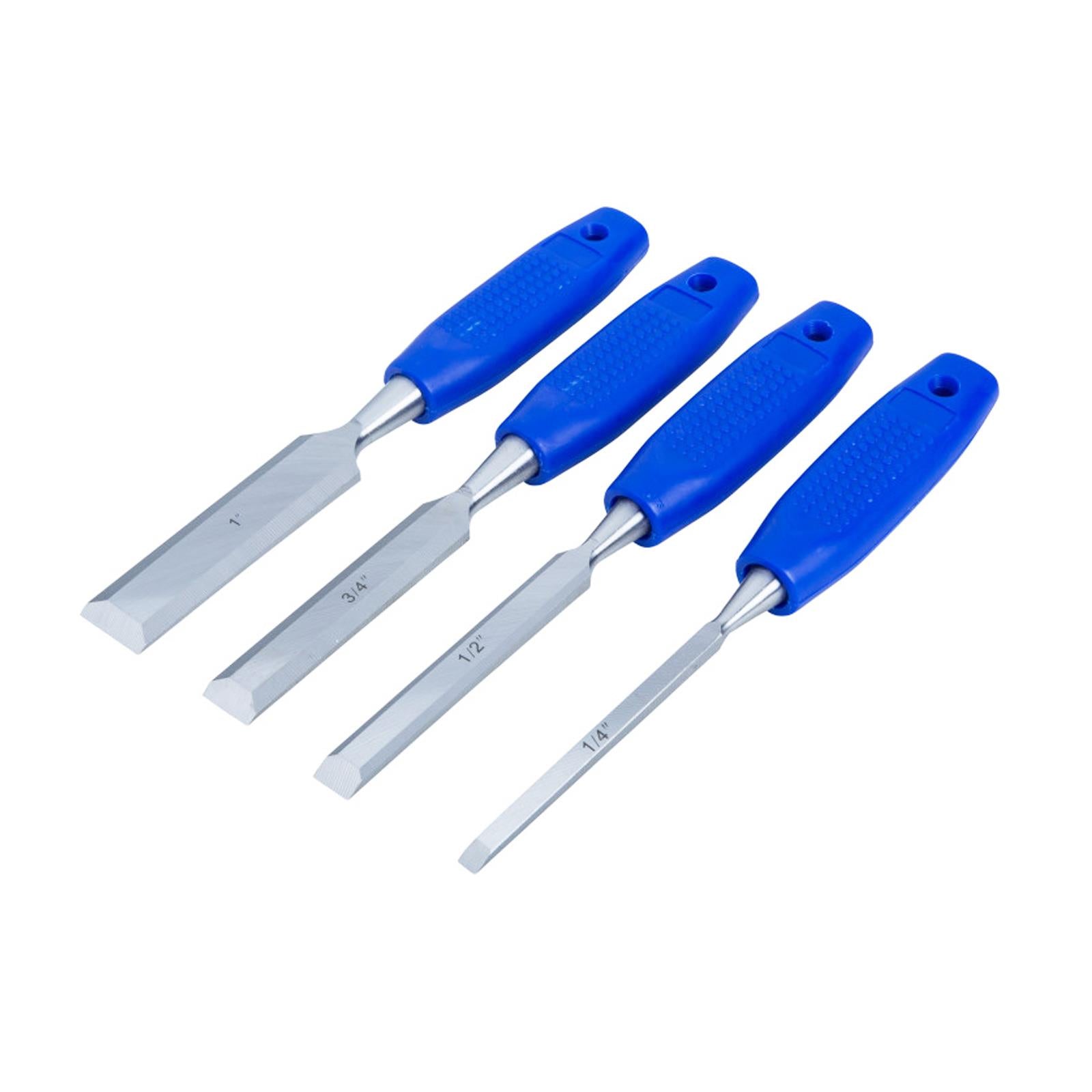 BlueSpot 4 Piece Wood Chisel Set Soft Grip Rubber Handle 1/4" 1/2" 3/4" 1" Hardened Steel