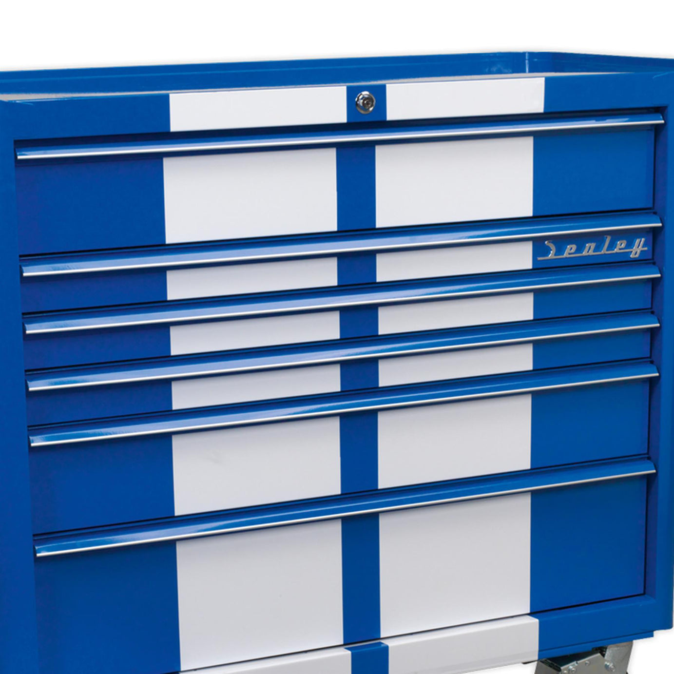 Sealey Rollcab 6 Drawer Wide Retro Style - Blue with White Stripes