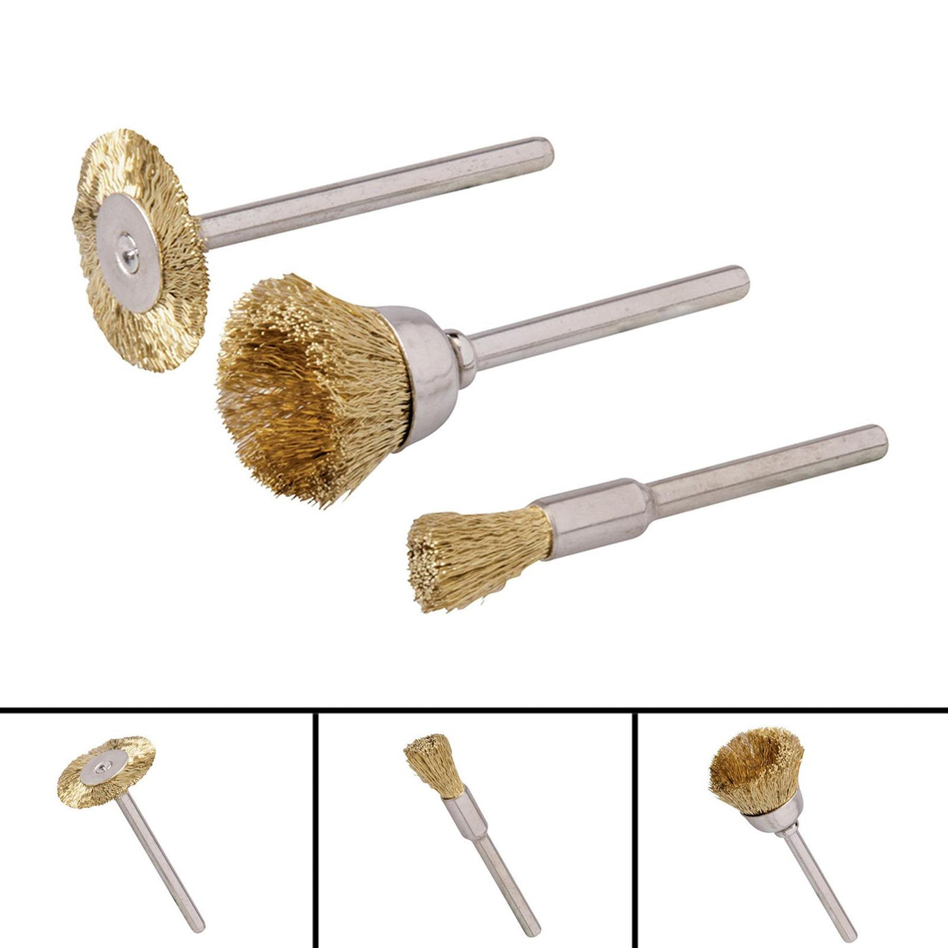 3Pc Rotary Tool Brass Wire Brush Set - 5, 15, 20mm Dia Soft Brass Wire Cleaning