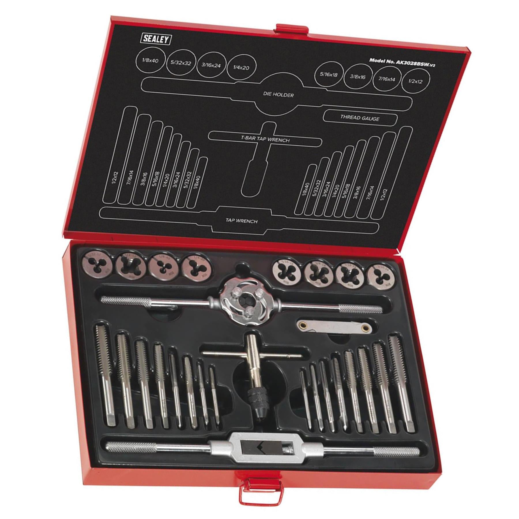 Sealey 28pc Tap and Die Set Split Dies Imperial BSW Thread Cutting 1/8" - 1/2"