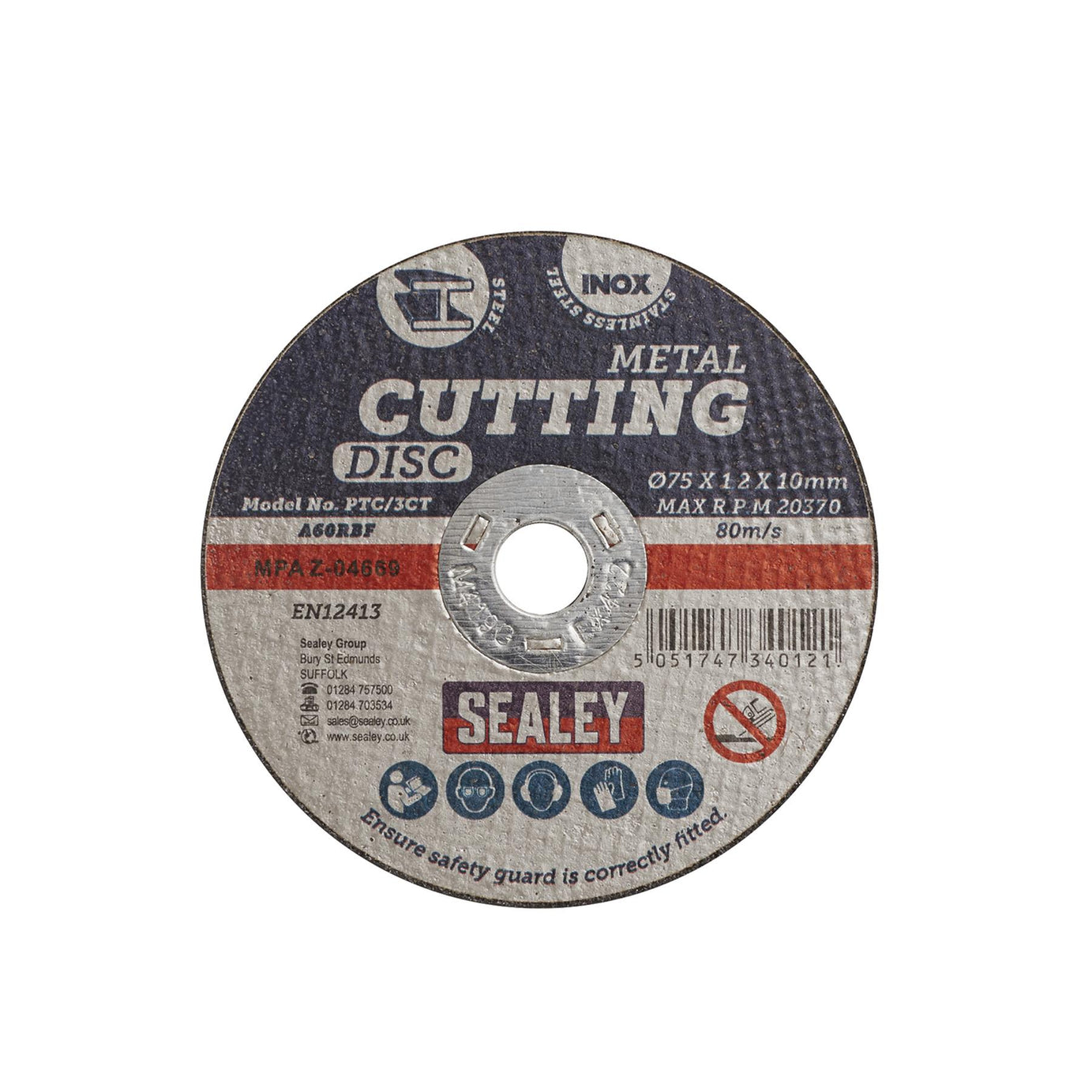 Sealey Cutting Disc Ø75 x 1.2mm 10mm Bore For Stainless Steel