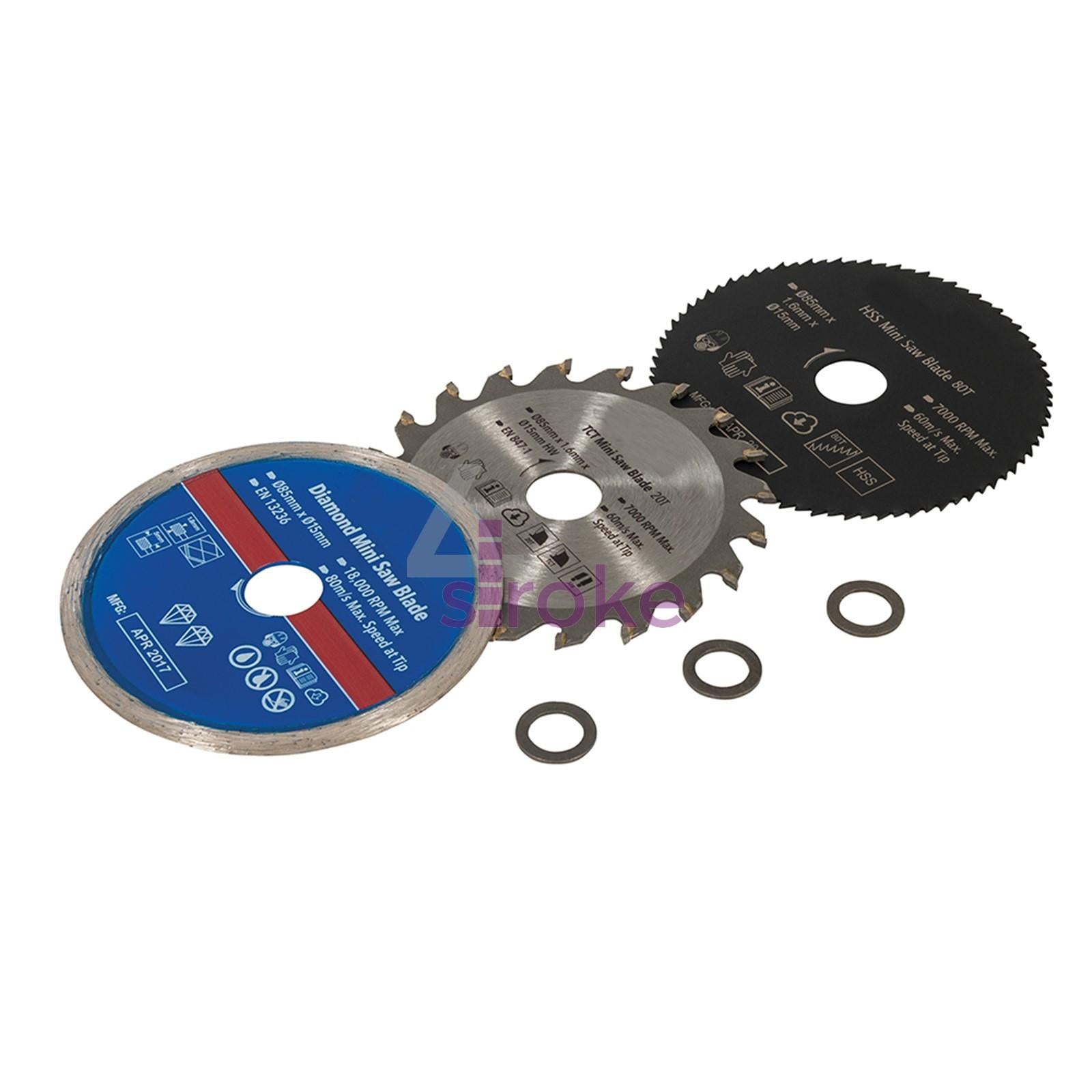 Mini Saw Blade Set Contains TCT Blade, HSS Blade & Continuous Rim Diamond Blade