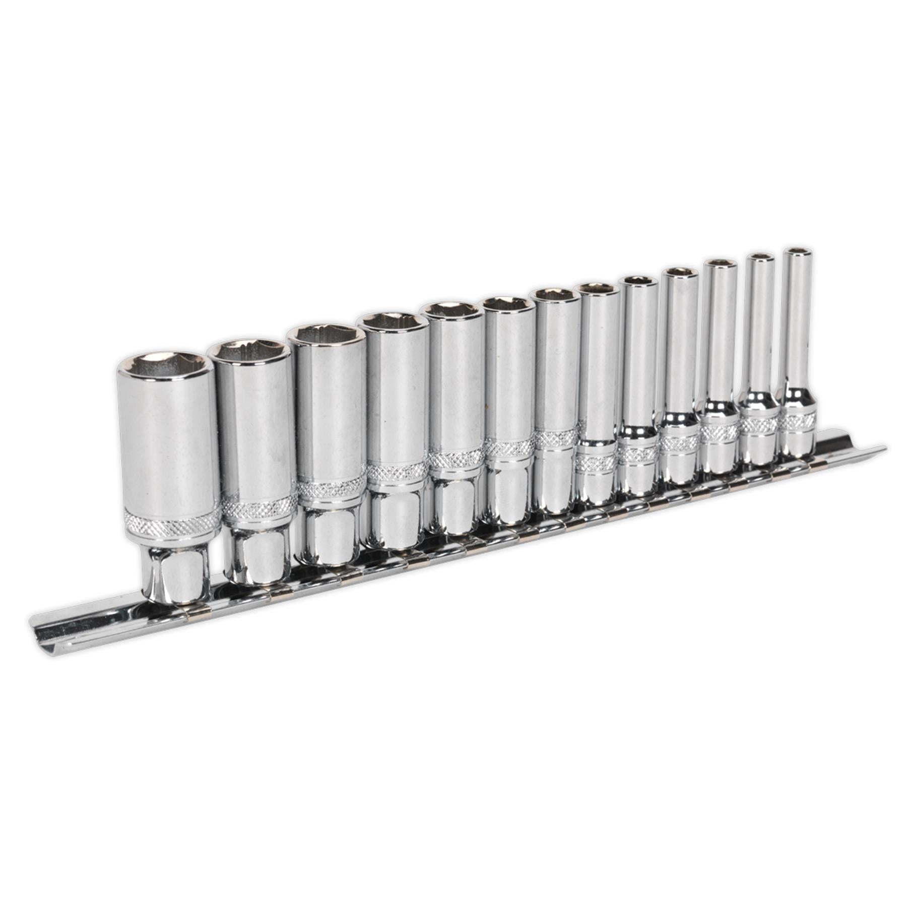 Sealey Deep Lock-On Socket Set 1/4" Sq Drive 13pc 4 -14mm 6pt Metric Long Reach