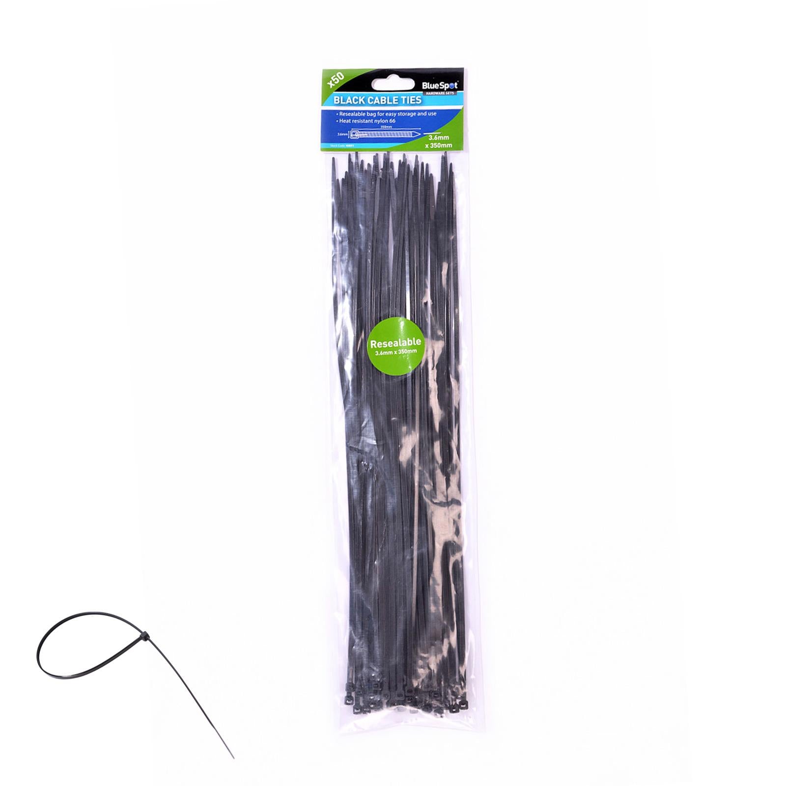 BlueSpot 50Pce 3.6mm x 350mm Black Cable Ties Heavy Duty Self Locking Home Office