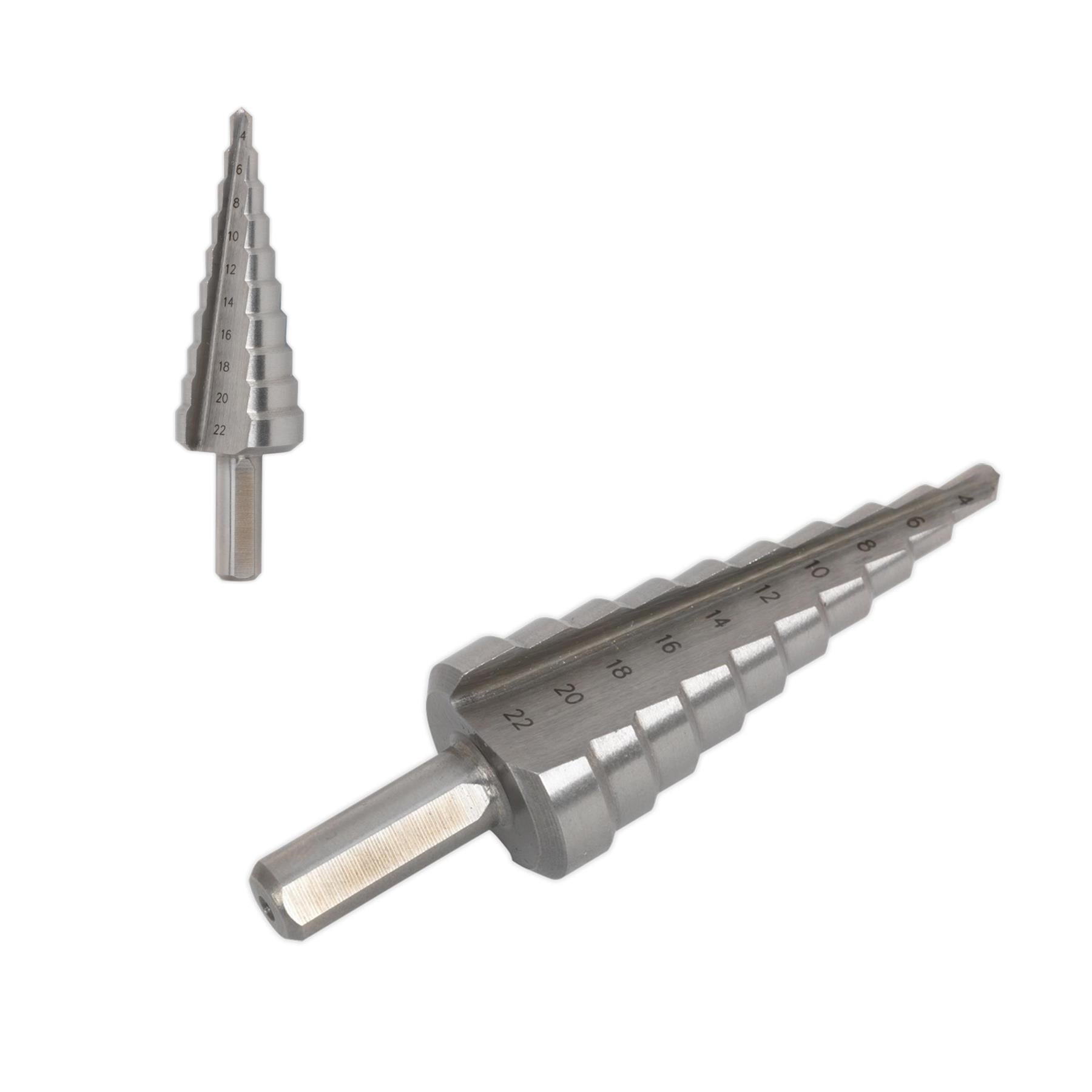 Sealey M2 Step Drill Bit HSS Cone Drill 4-22mm Double Flute Hole Metal Cutter