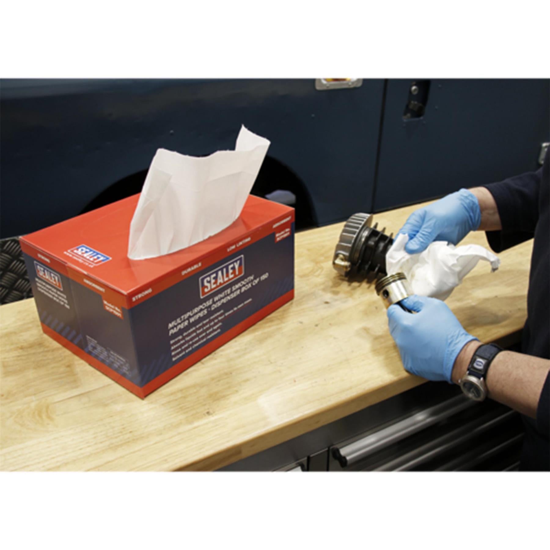 Sealey Paper Wipes In Dispenser Box - Smooth White 73gsm 150 Sheets