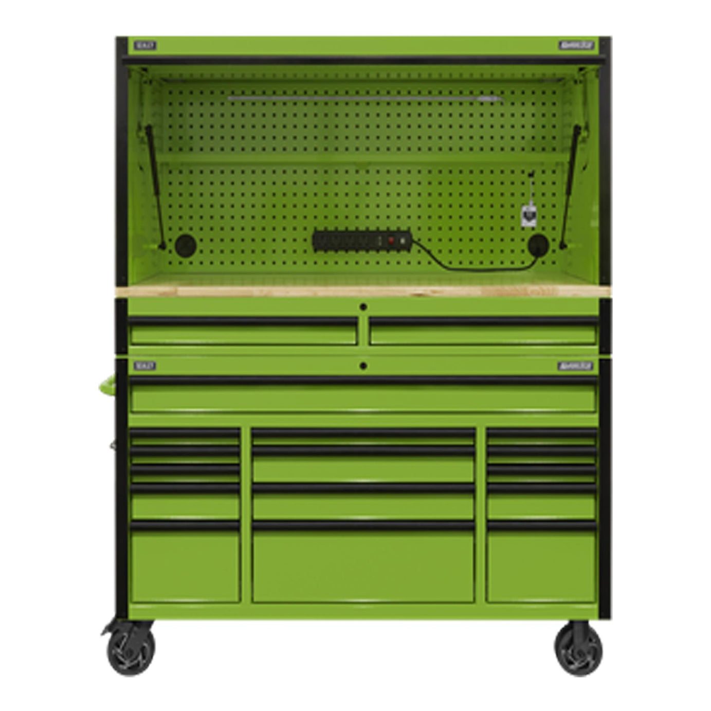 Sealey 15 Drawer 1549mm Mobile Trolley with Wooden Worktop and Hutch and 2 Drawer Riser