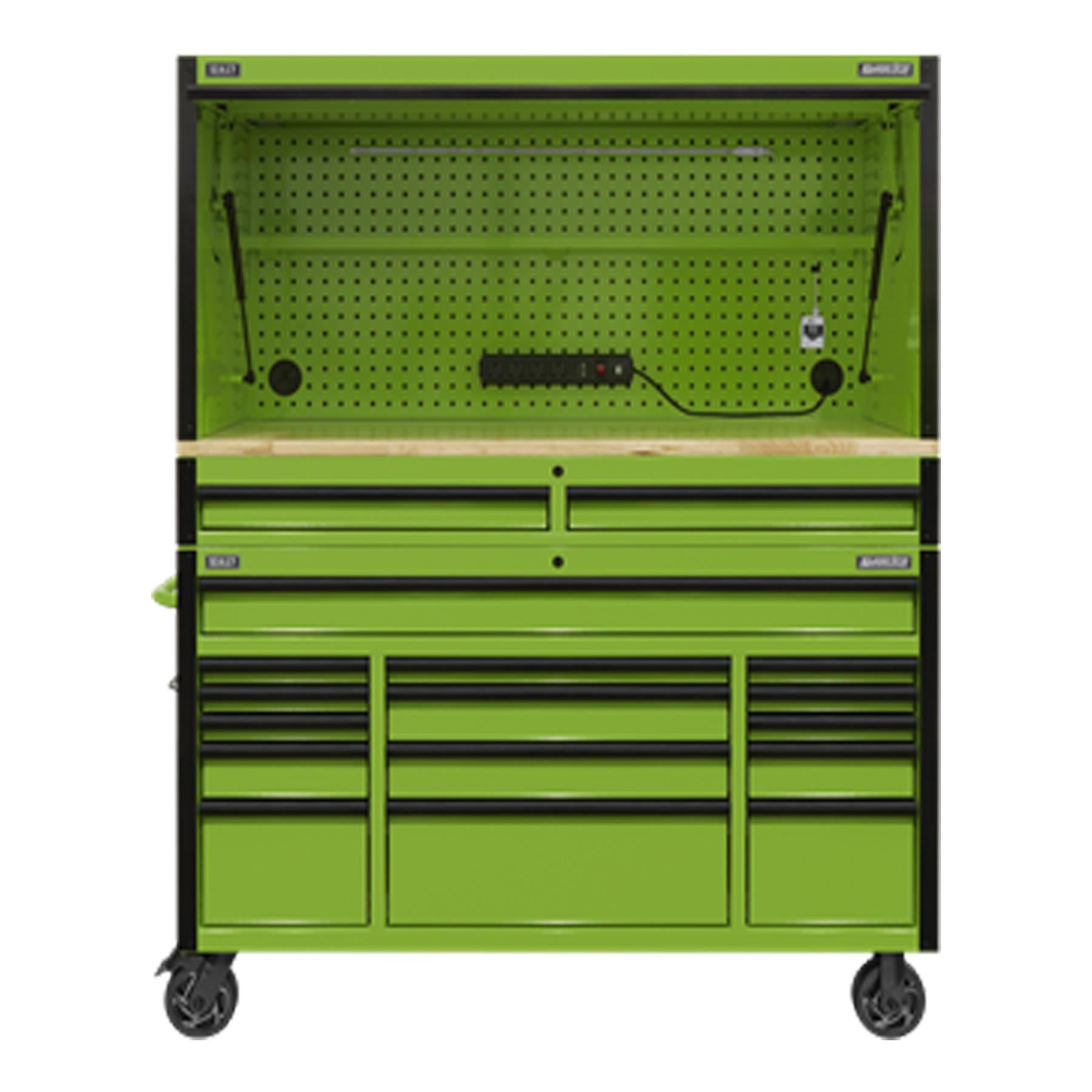 Sealey 15 Drawer 1549mm Mobile Trolley with Wooden Worktop and Hutch and 2 Drawer Riser