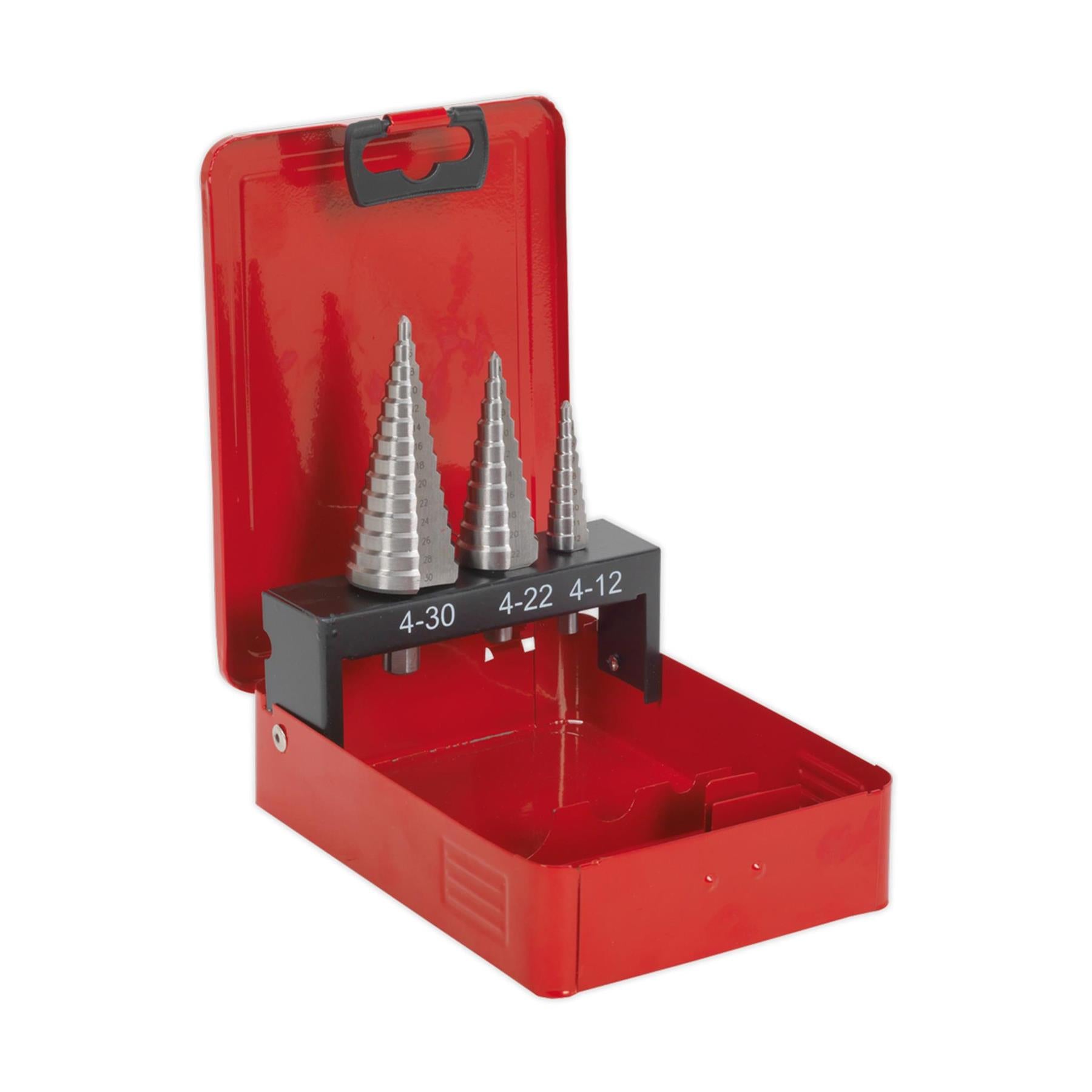 Sealey 3pc M2 Step Drill Bit HSS Drill Set 4-30mm Double Flute Hole Metal Cutter