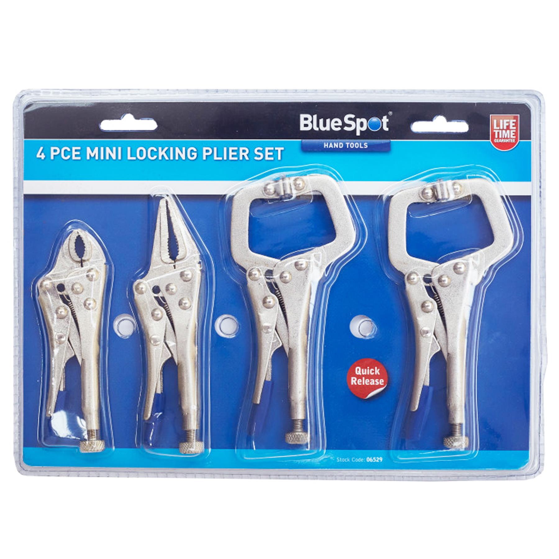 BlueSpot 4 PCE Mini Locking Plier Set Round, Long Nose And C-Clamps PLier