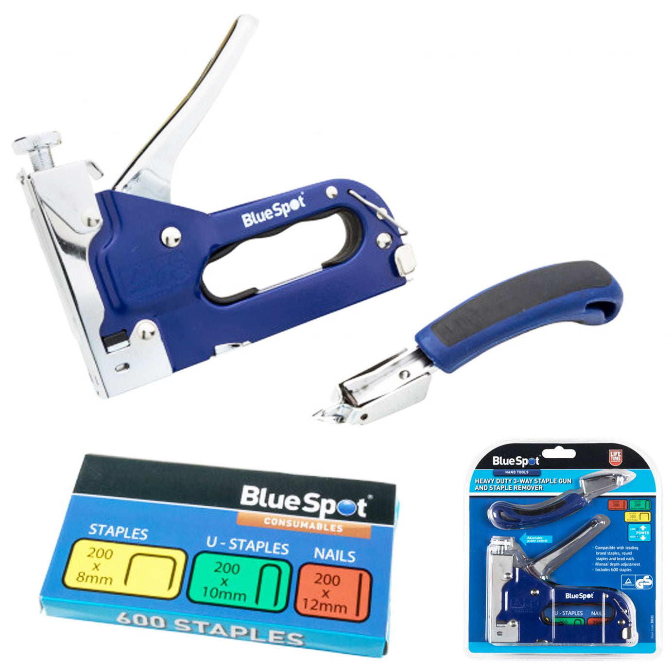 BlueSpot Staple Nail Gun and Staple Remover Set Heavy Duty 3 Way Cable Tacker