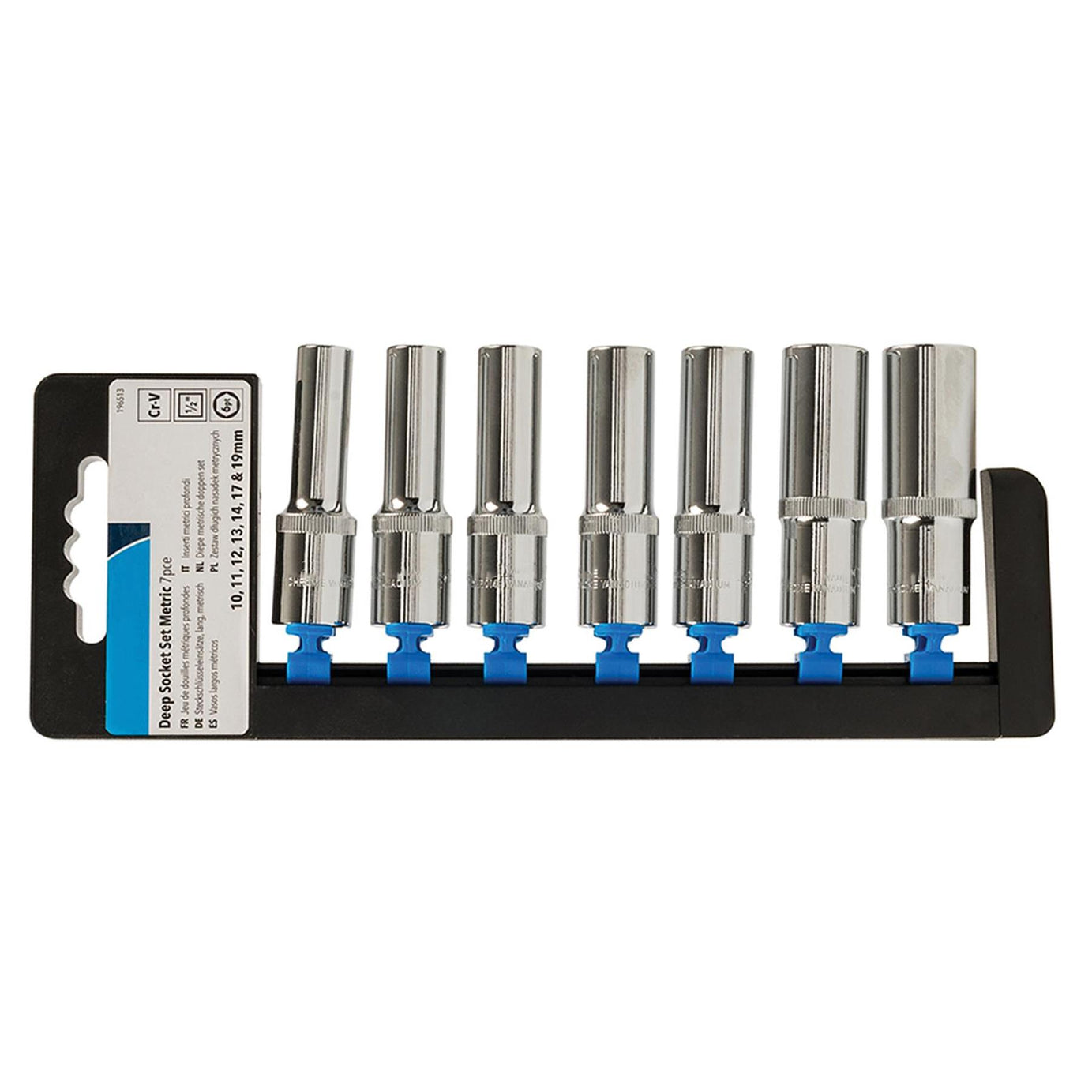 7 Pce 1/2" Deep Drive Metric Socket Set 10mm - 19mm Chrome Vanadium Heavy Duty