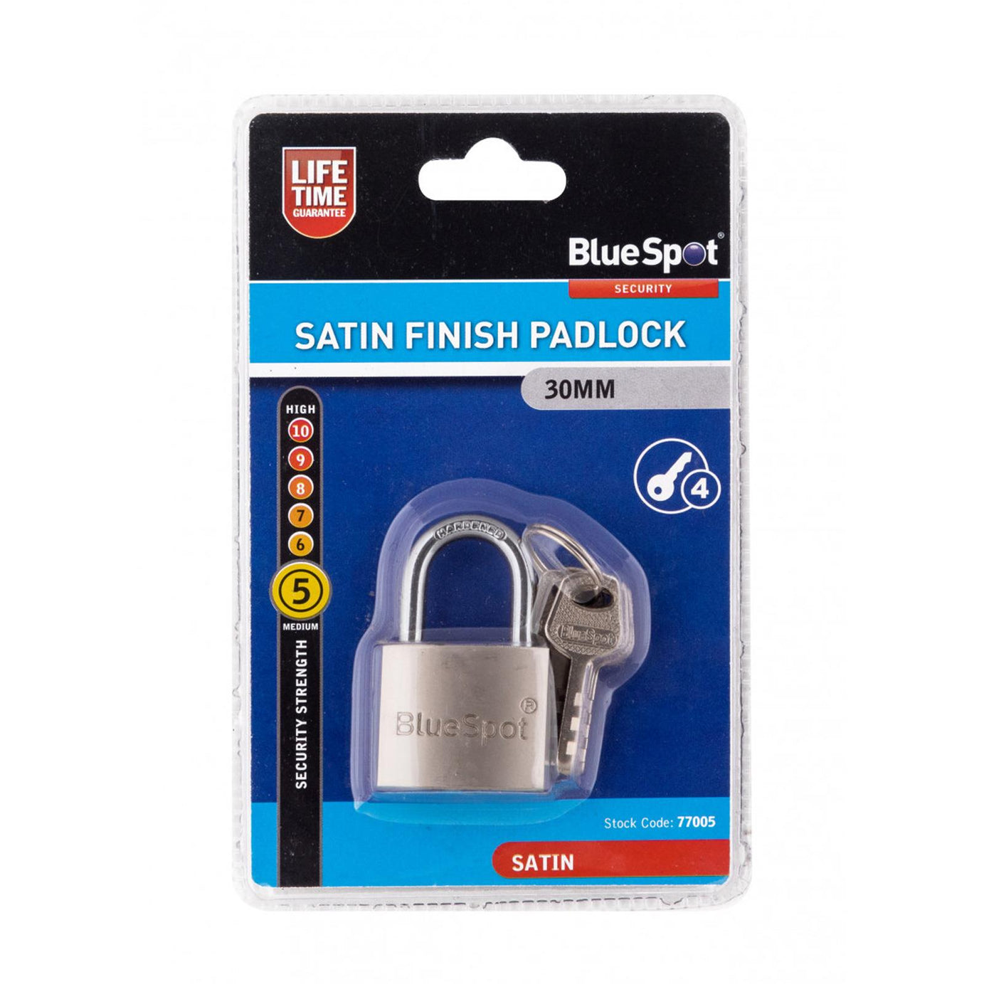 BlueSpot 30mm SATIN FINISH PADLOCK hardened Shackle Brass Cylinder 4 Keys