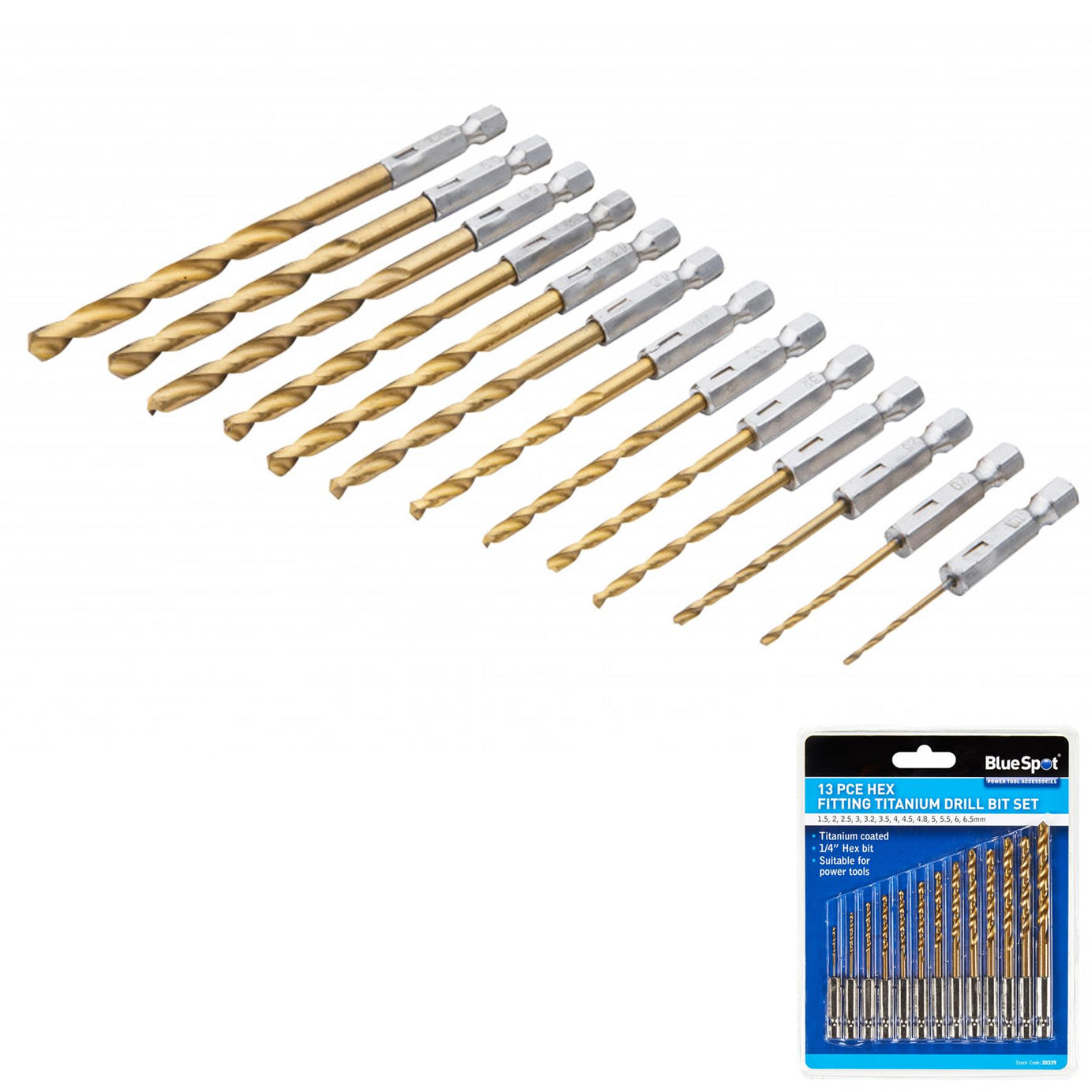 BlueSpot 13Pce Titanium Drill Bit Set HSS Titanium Coated Drill Bits Hex Shank 1.5 - 6.5mm