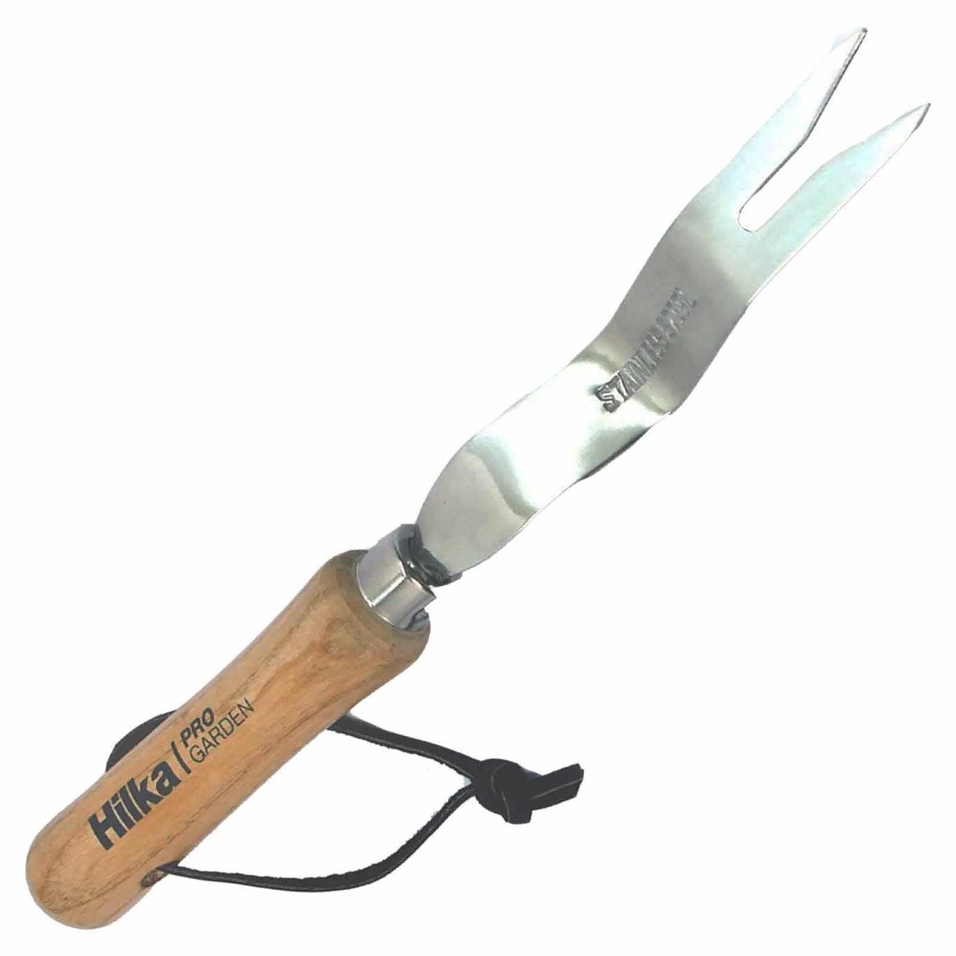 Stainless Steel Hand Weeder with a hardwood handle and leather strap