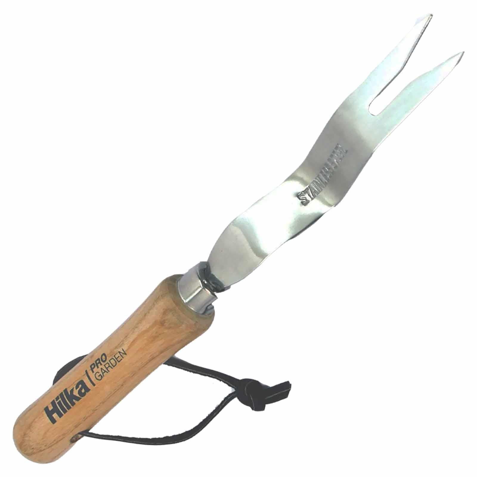 Stainless Steel Hand Weeder with a hardwood handle and leather strap