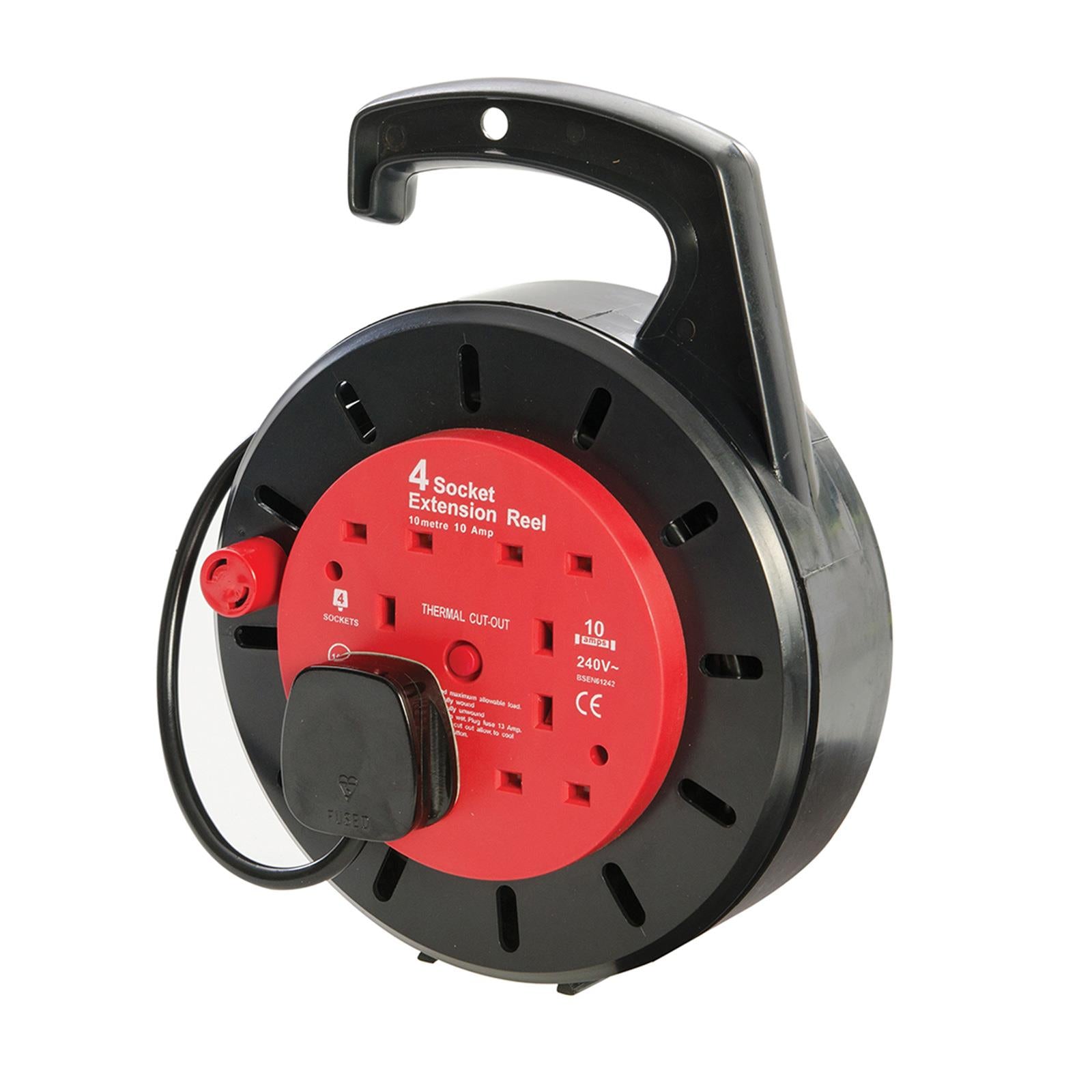 Cable Reel 240V 4 Socket 10A 10M Tools Extension Lead Cable Rewind Handle