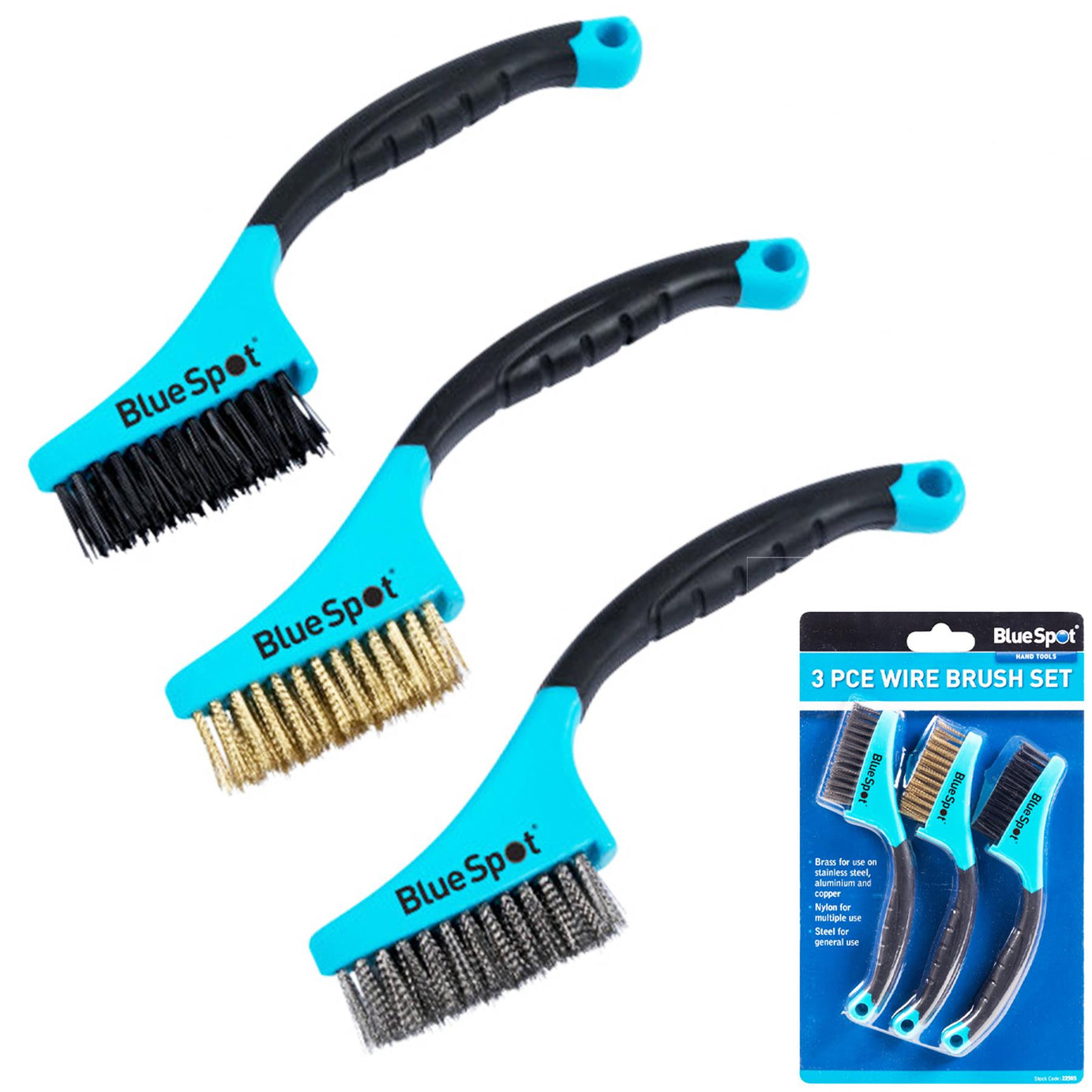 BlueSpot 3pc Soft Grip Mini Brush Set Nylon Brass Steel For Cleaning Metal Rust