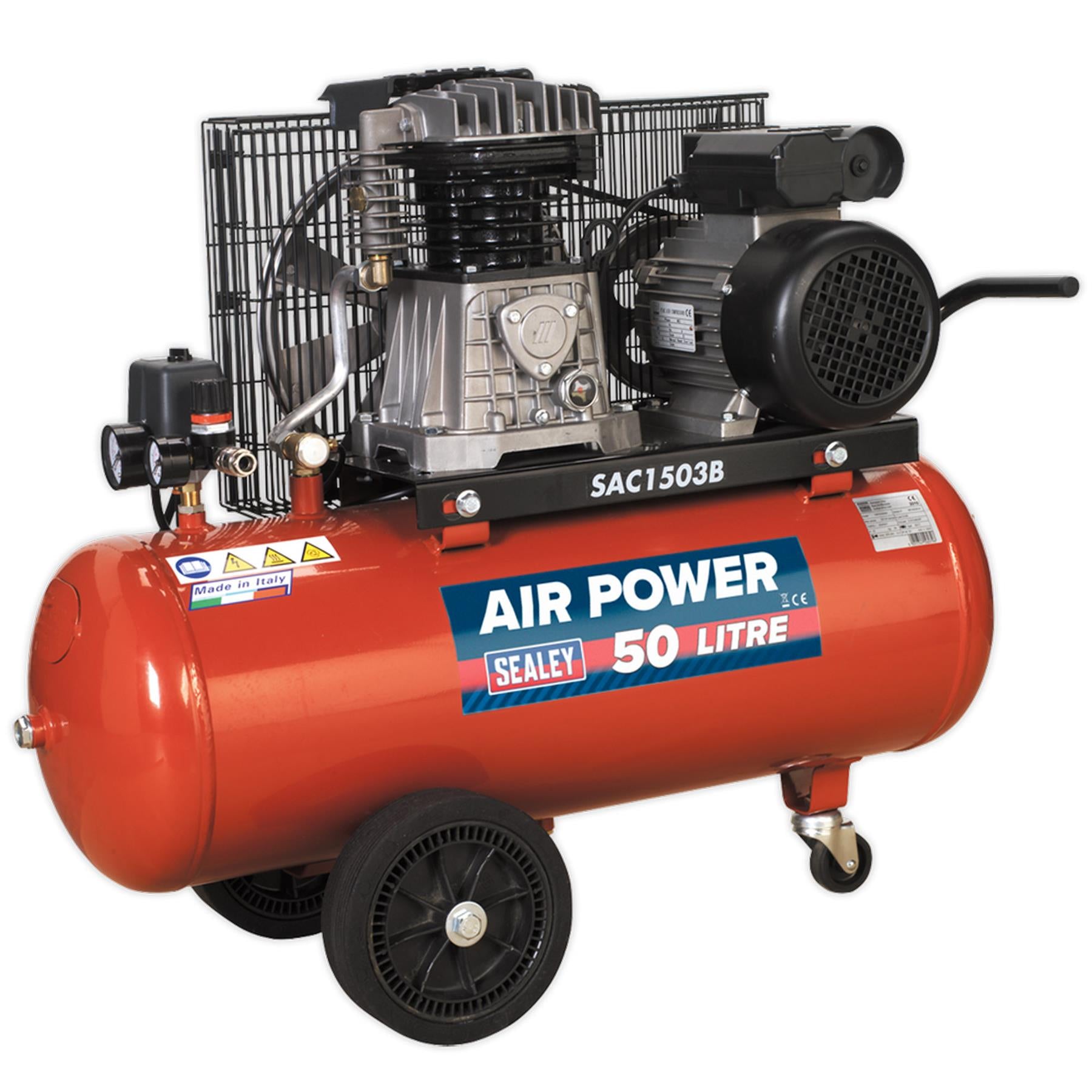 Sealey Compressor 50L Belt Drive 3hp with Cast Cylinders & Wheels