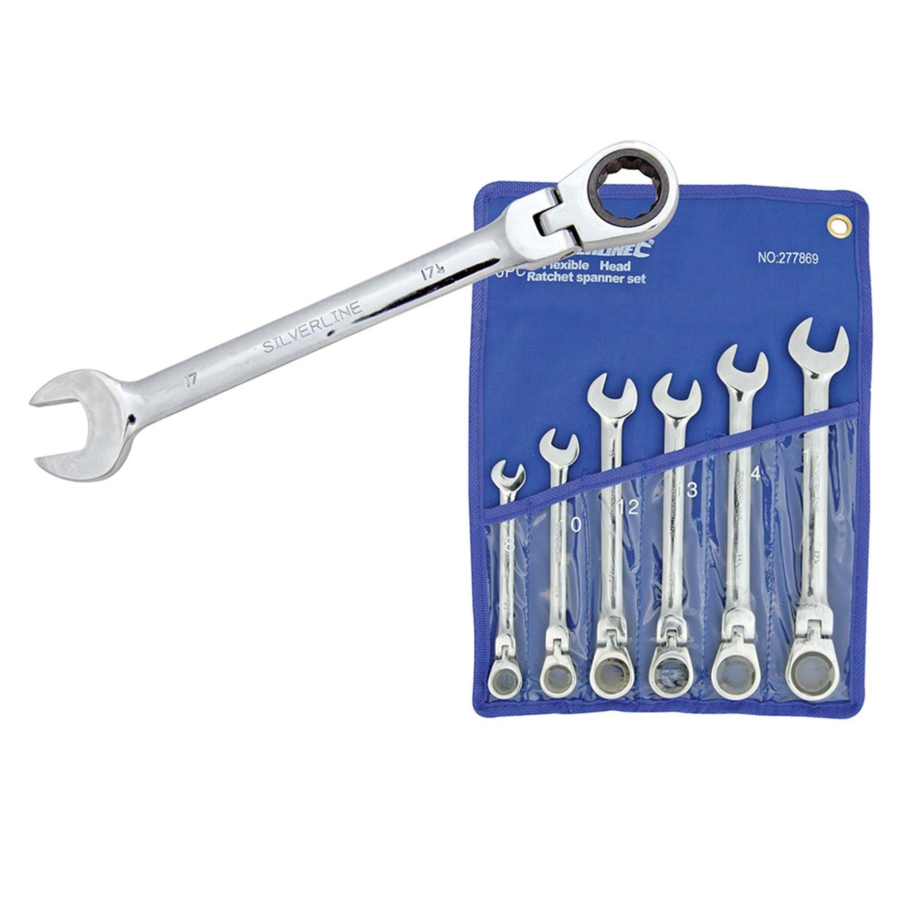 6Pce Flexible Head Ratchet Spanner Set - 8mm - 17mm Polished 40Cr Alloy Steel