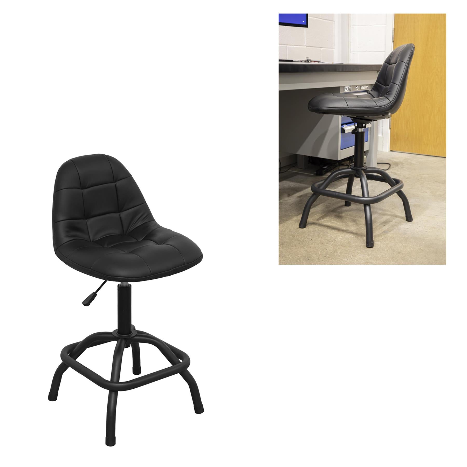 Sealey Workshop Stool Pneumatic w/ Ad. Ht. Swivel Seat & Back Rest