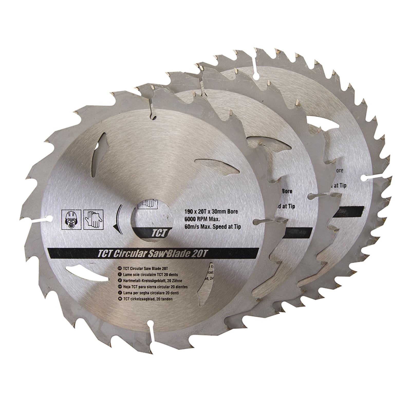 3 Piece TCT Circular Saw Blade Set 190 x 30 - 25, 20mm Rings