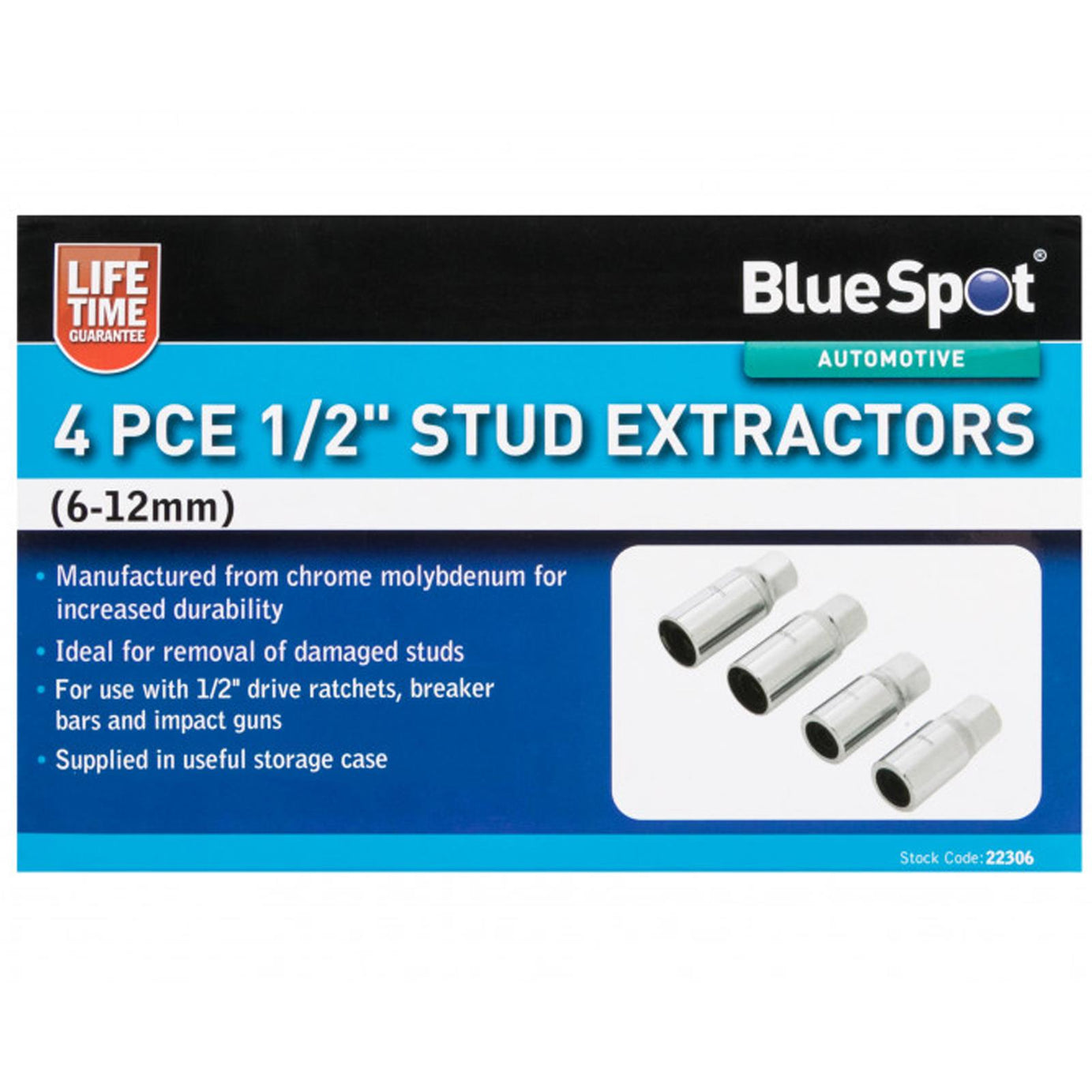 BlueSpot 4Pce 1/2" Heavy Duty Stud Extractors (6-12mm) Broken Corroded Studs Removal