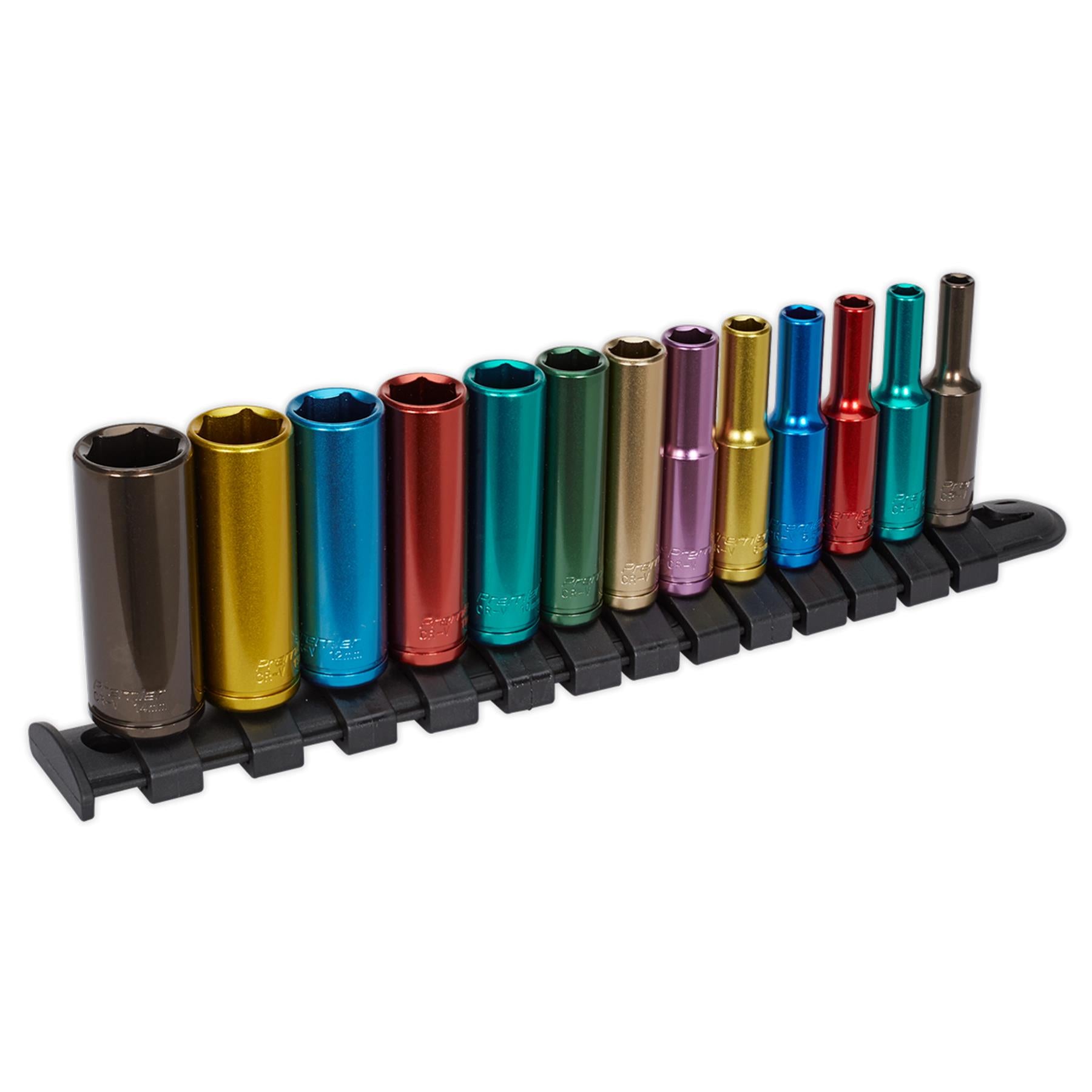 Sealey 13pc Multi Coloured Deep Socket Set 4mm - 14mm 6pt Set 1/4" Sq Drive