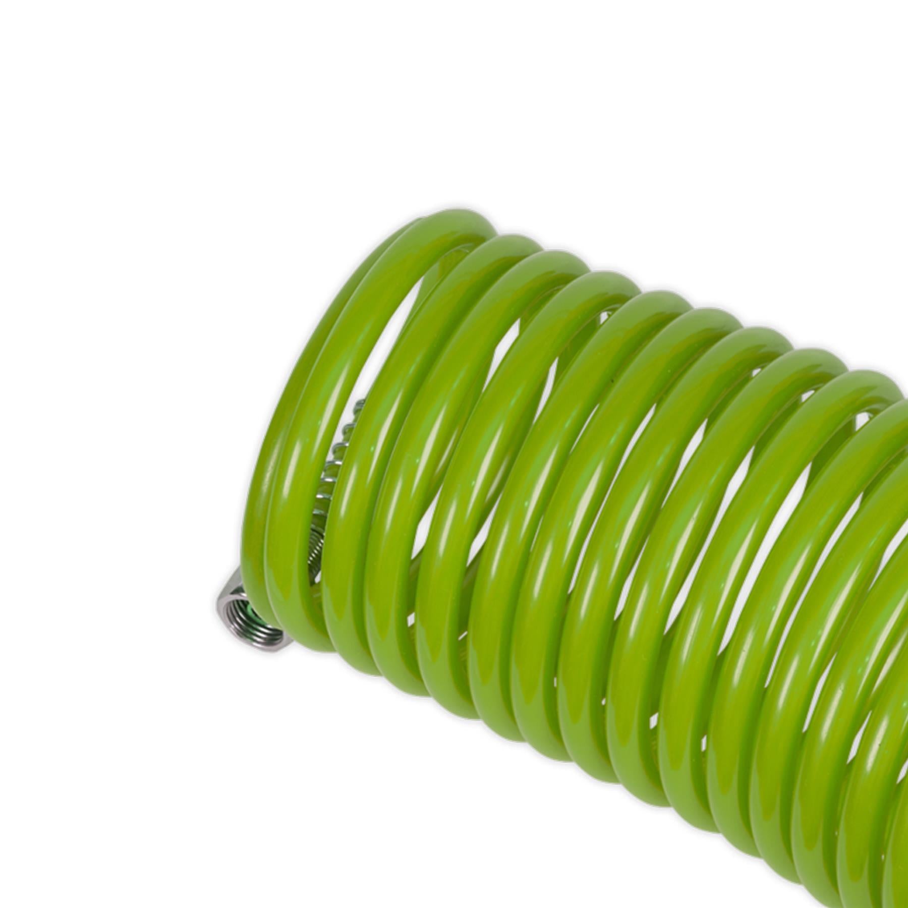 Sealey PE Coiled Air Hose 5m x Ø5mm with 1/4"BSP Unions - Green