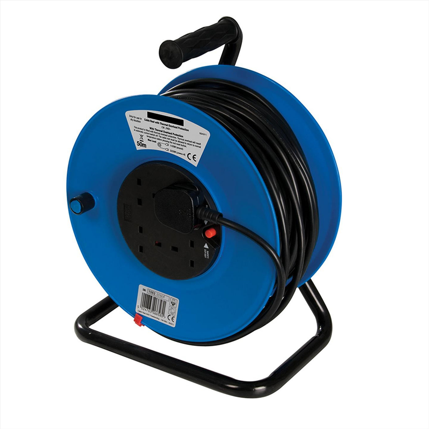 50M Mains Extension Cable Reel 240V Freestanding 13A 4 Socket Overload Protect