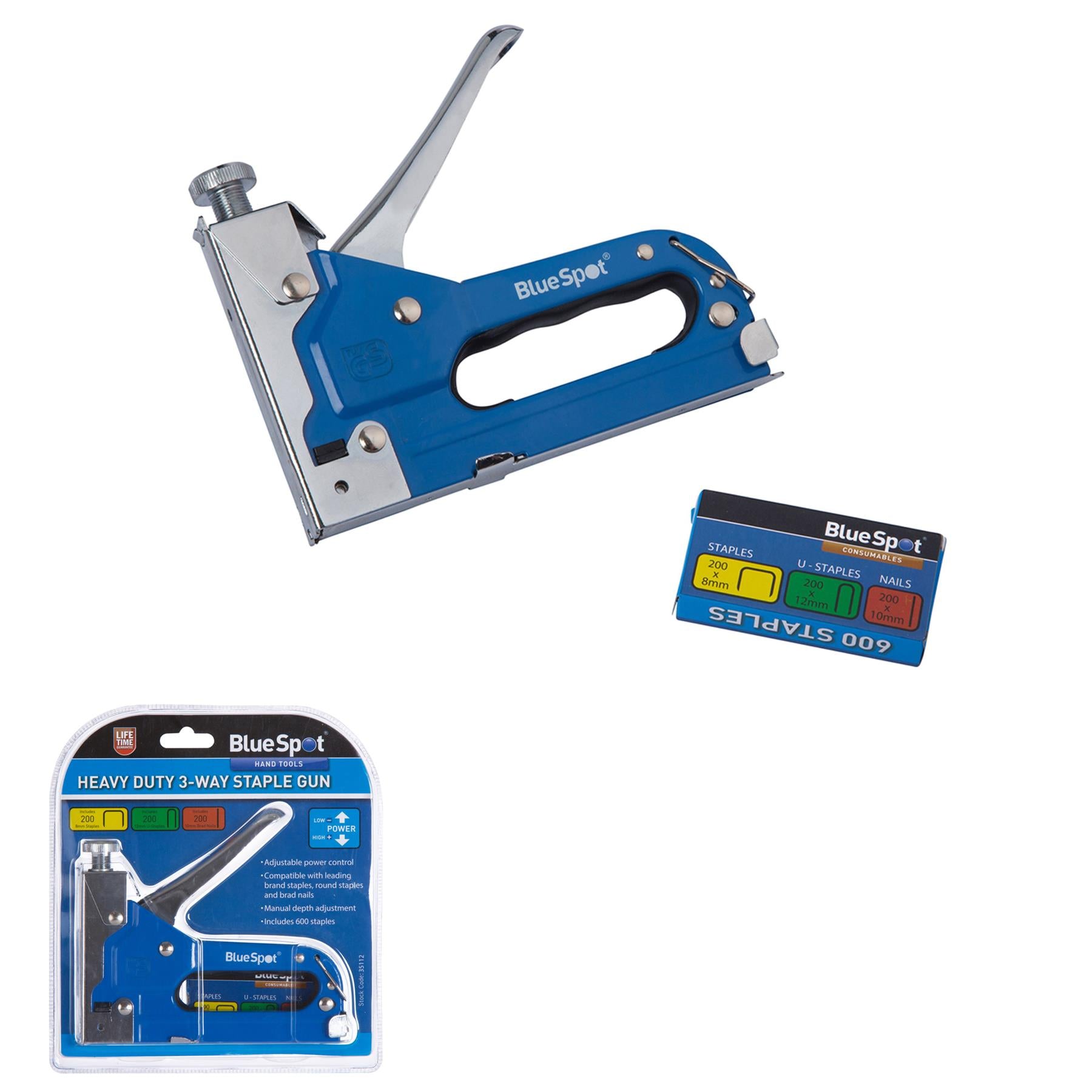BlueSpot Heavy Duty Staple Gun 3 Way Stapler Hand Tool Upholster 600 Staples