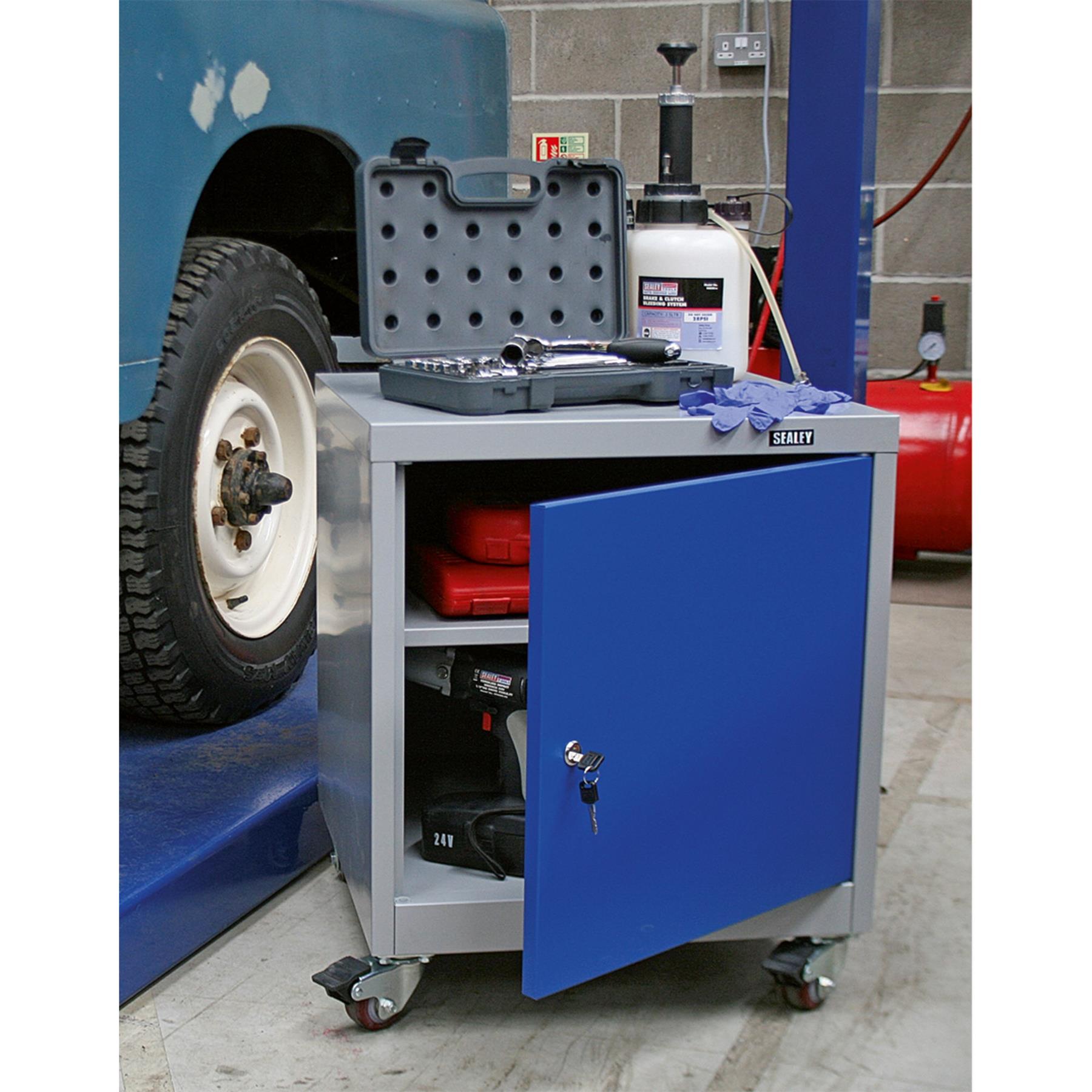 Sealey Mobile Industrial Cabinet 1 Shelf Locker four 60mm wheels