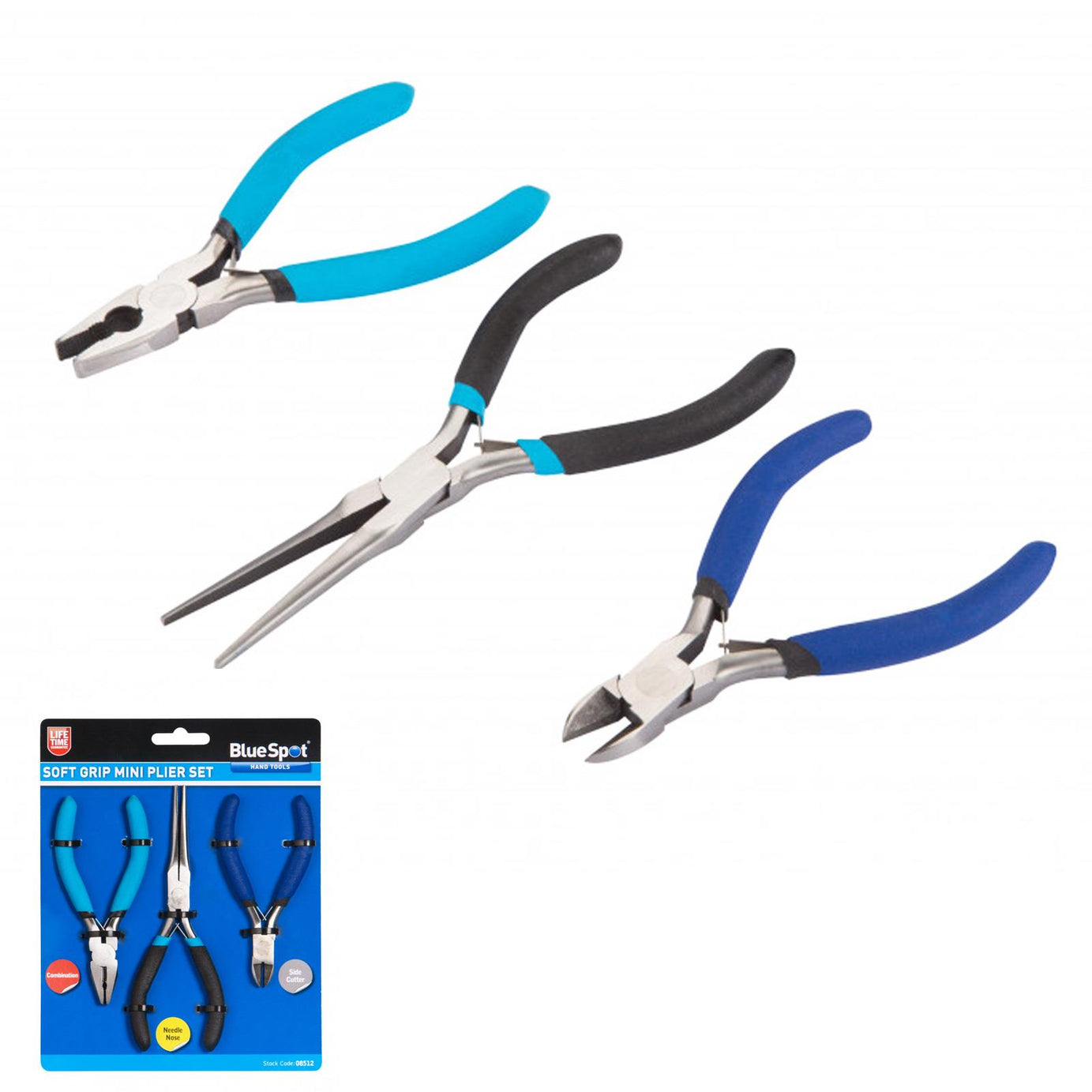 BlueSpot 3 Piece Soft Grip Mini Pliers Set Combination, Needle Nose & Side Cutter Plier
