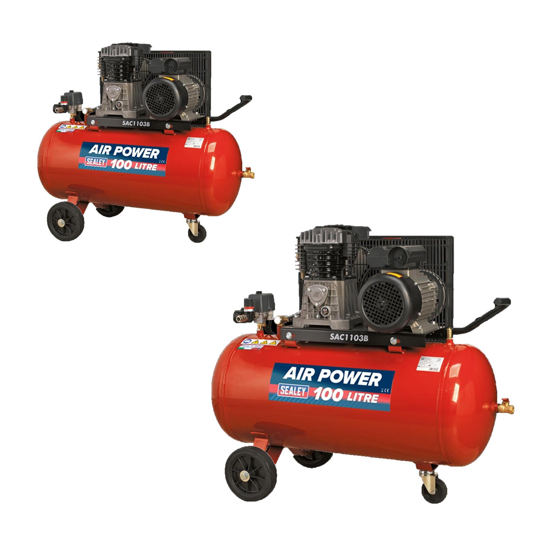 Sealey Compressor 100L Belt Drive 3HP With Cast Cylinders & Wheels