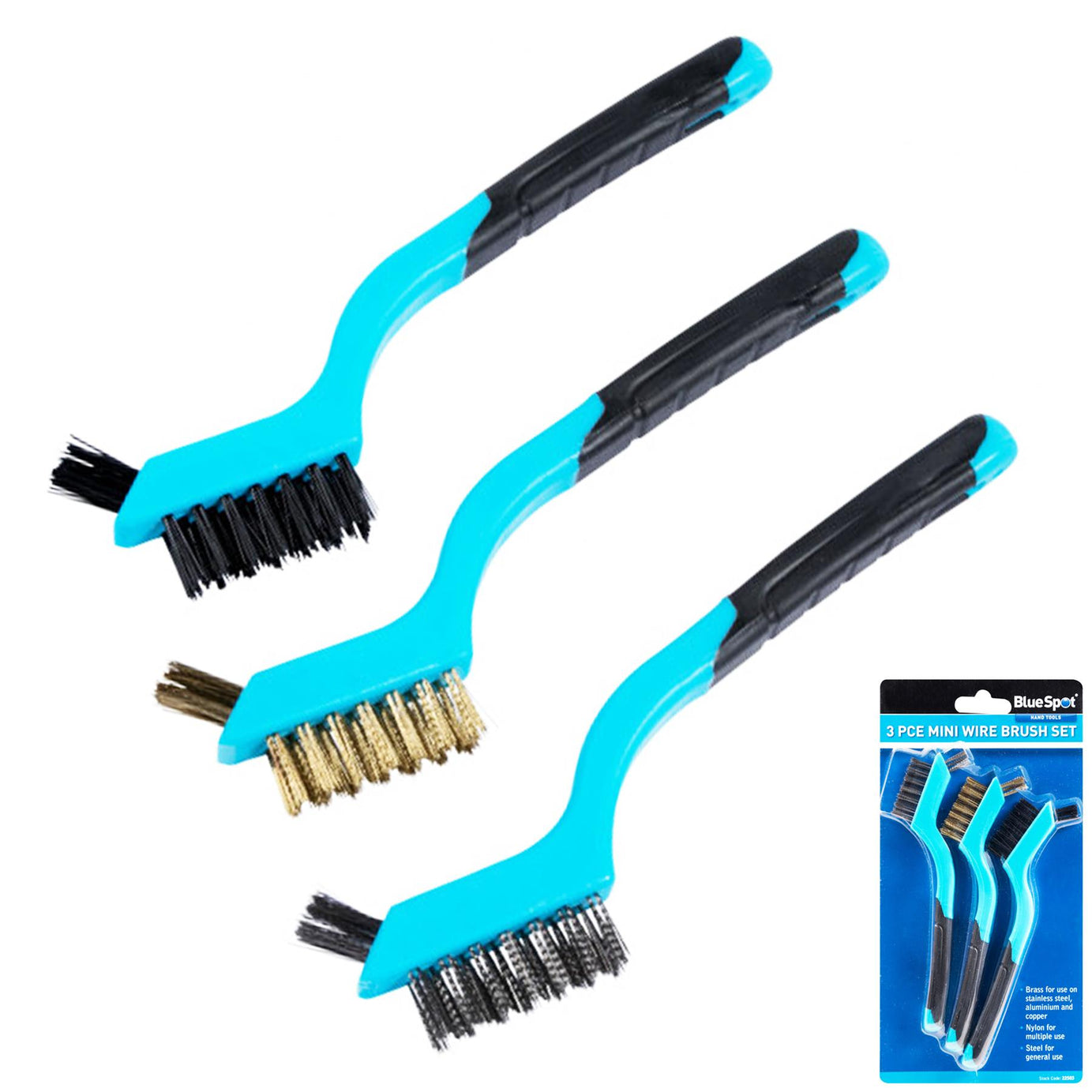 BlueSpot 3pc Soft Grip Mini Wire Brush With Small Tip Bristle Nylon Brass Steel