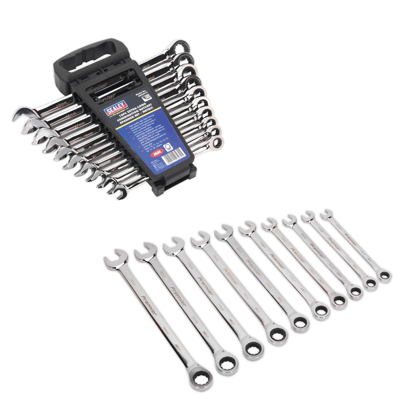 Sealey Combination Ratchet Spanner Set 10pc Extra-Long Metric