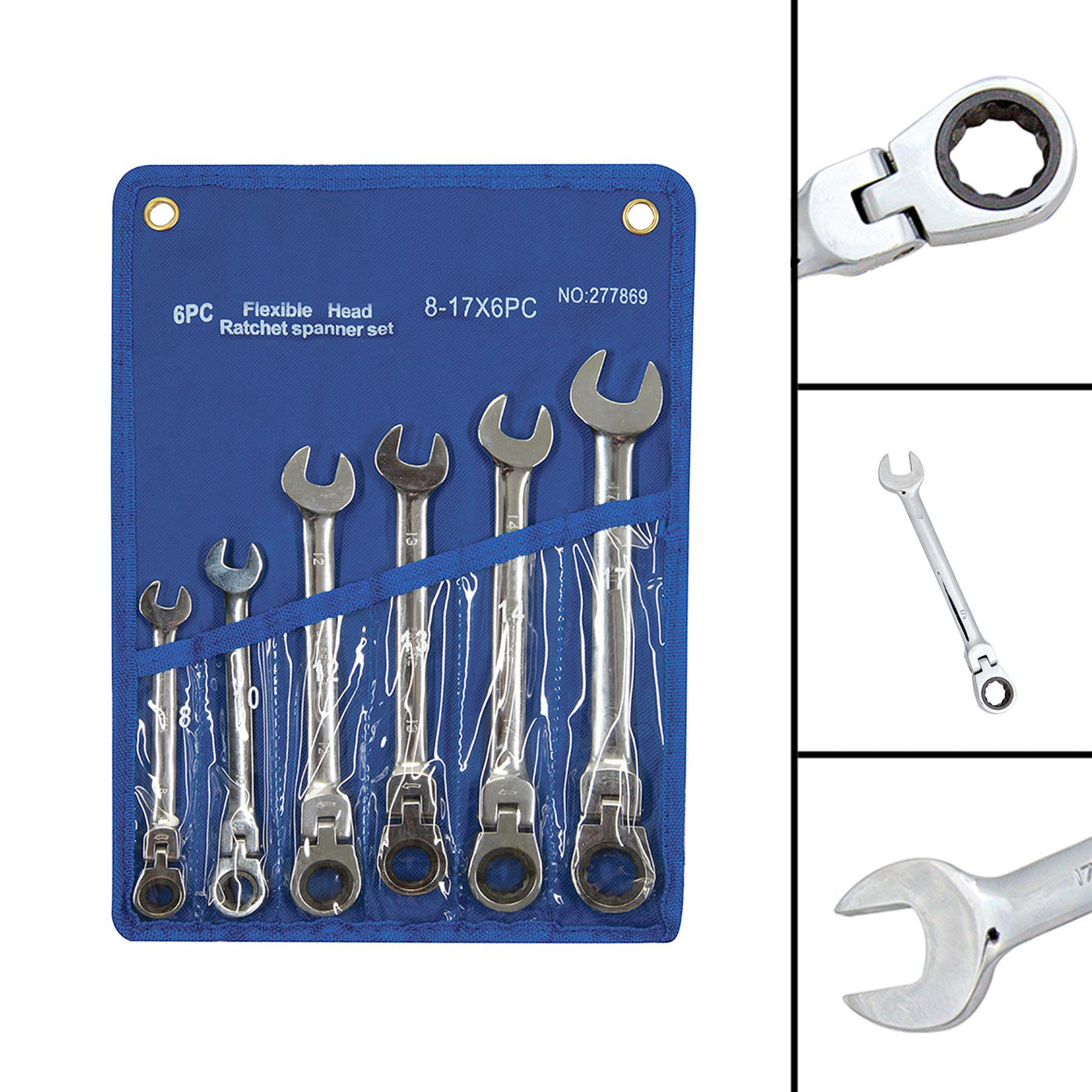 6Pce Flexible Head Ratchet Spanner Set - 8mm - 17mm Polished 40Cr Alloy Steel