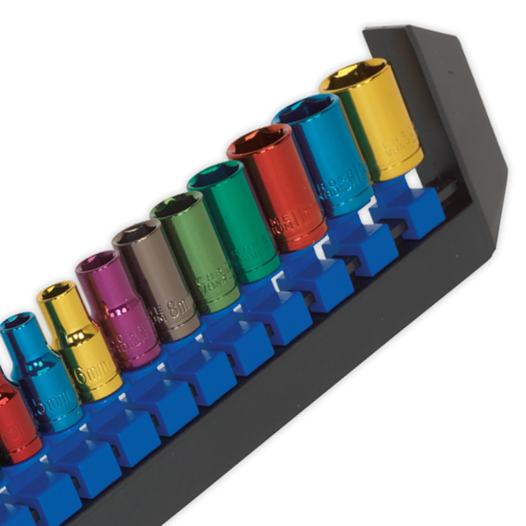 Sealey Multi-Colour Socket Set 12pc 1/4"Sq Dr 6pt WallDrive Metric