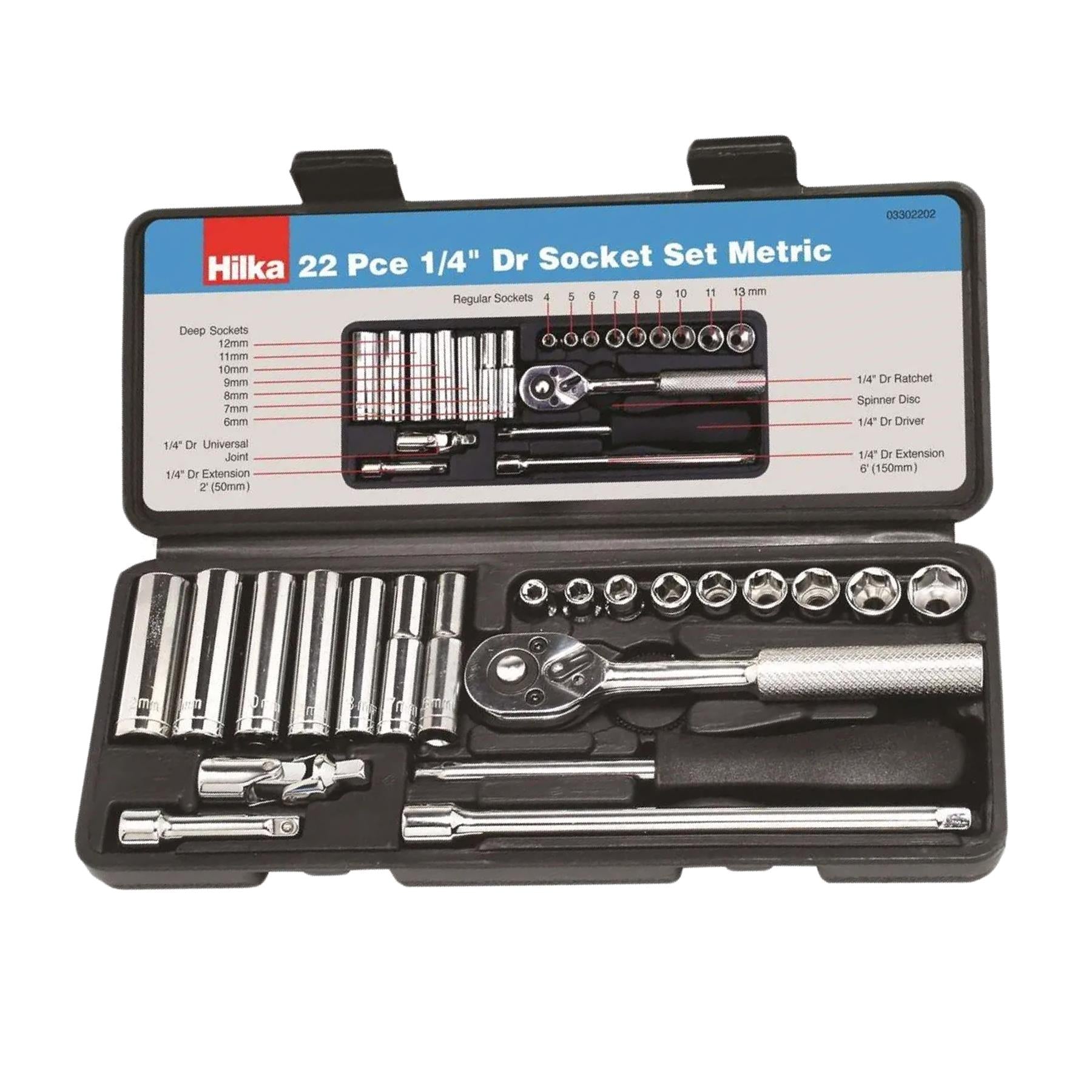 1/4" Drive Socket Set Metric 22 PC Kit Ratchet Deep Sockets Extensions - HILKA