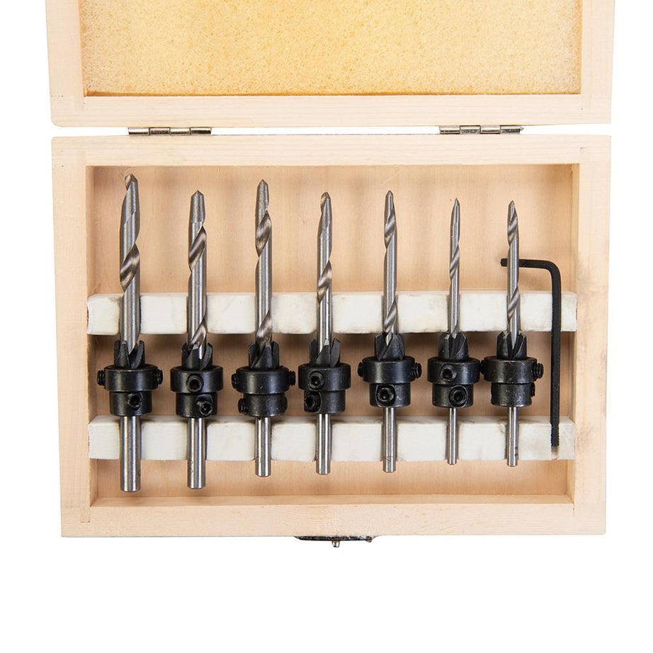 7Pc Tapered Wood Set HSS Wood Screw Sink Countersinks Drill 3-6mm Pocket