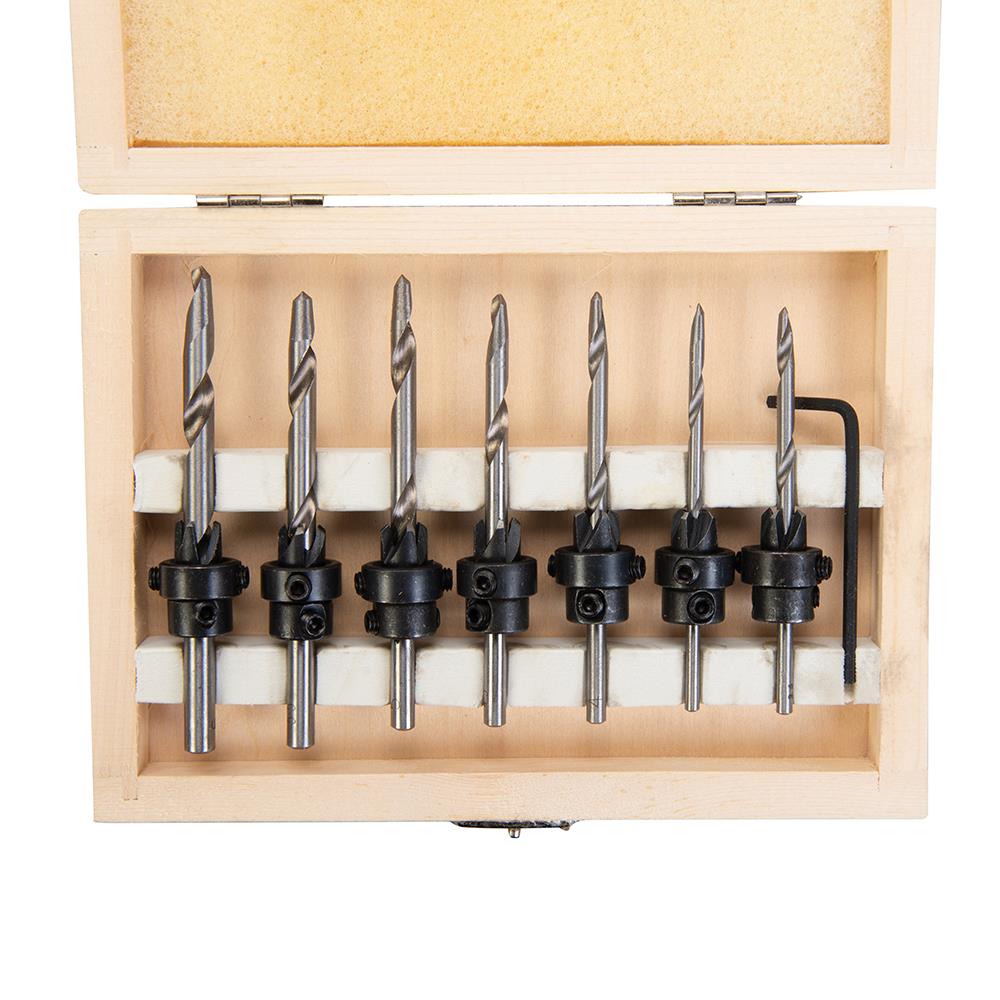 7Pc Tapered Wood Set HSS Wood Screw Sink Countersinks Drill 3-6mm Pocket