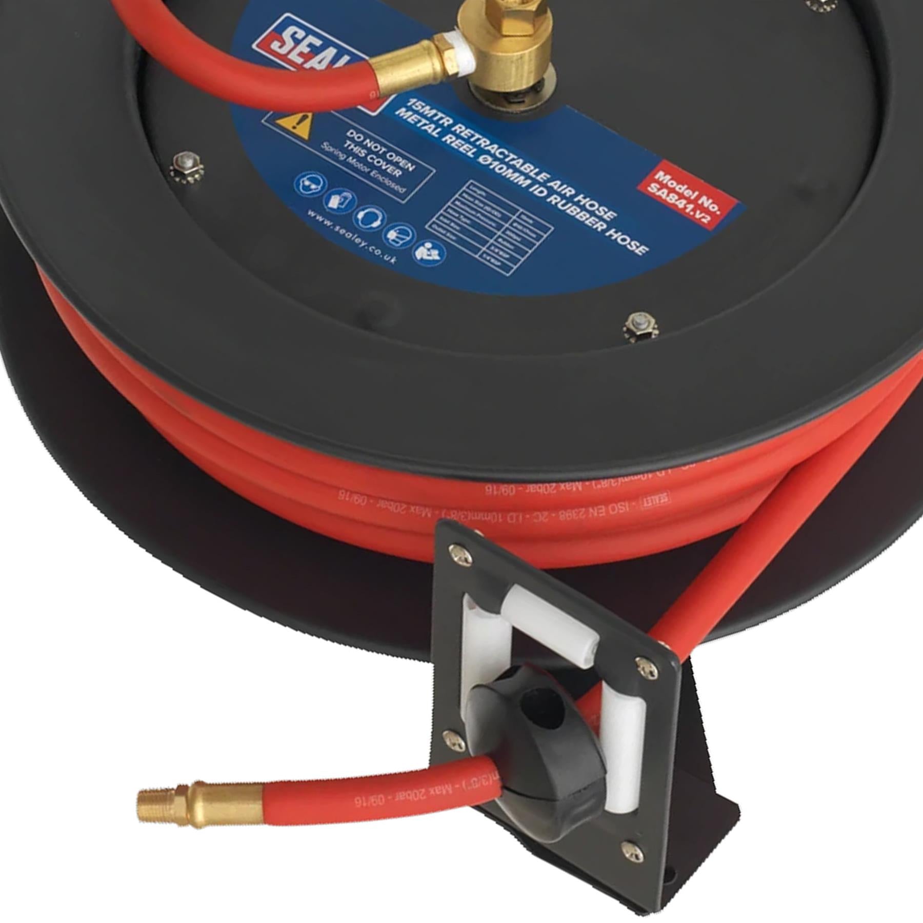 Sealey Retractable Air Hose Metal Reel 15m 10mm ID Rubber Hose