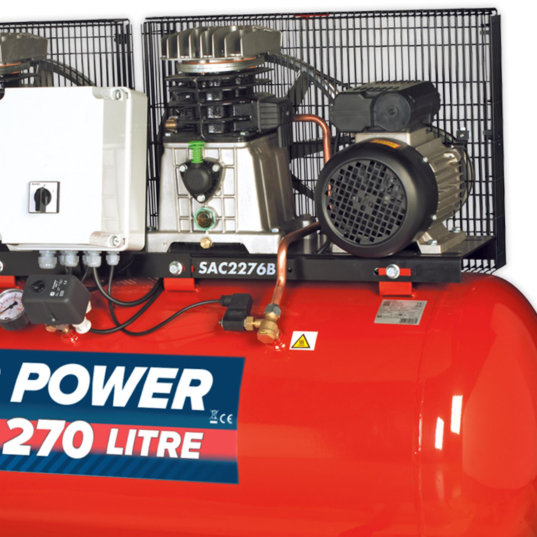 Sealey Compressor 270L Belt Drive 2 x 3hp with Cast Cylinders