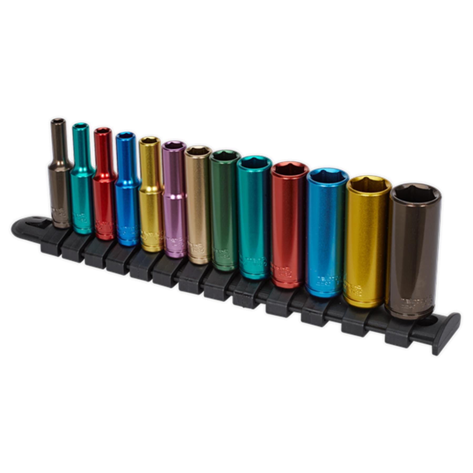 Sealey 13pc Multi Coloured Deep Socket Set 4mm - 14mm 6pt Set 1/4" Sq Drive