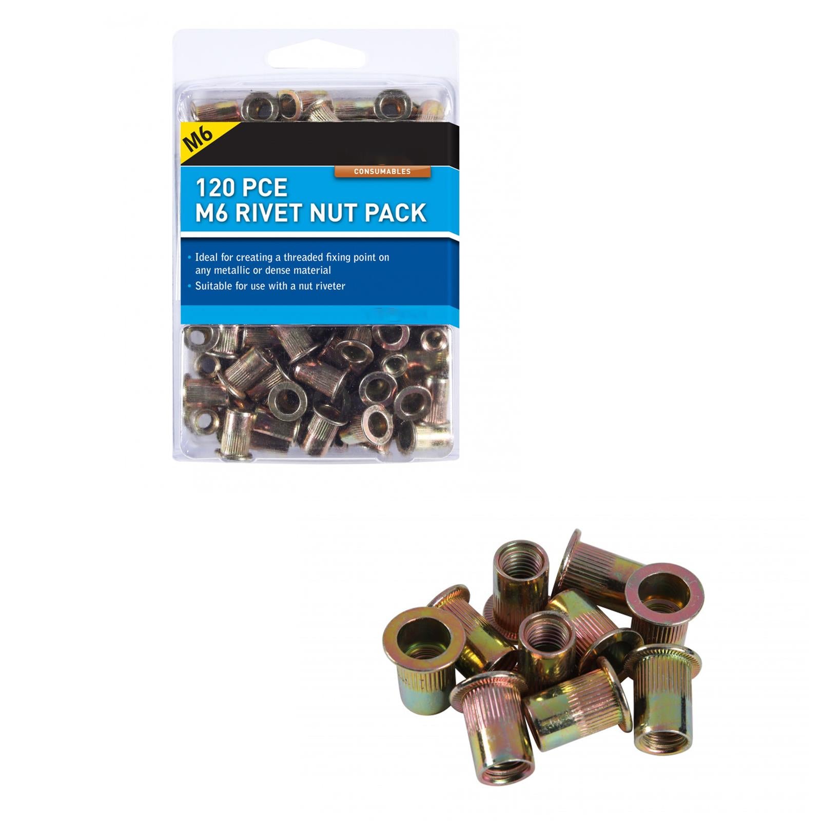 BlueSpot 120Pce M6 Rivet Nut Pack Metallic Thread Fixing Point Carbon Steel Nut Rivets